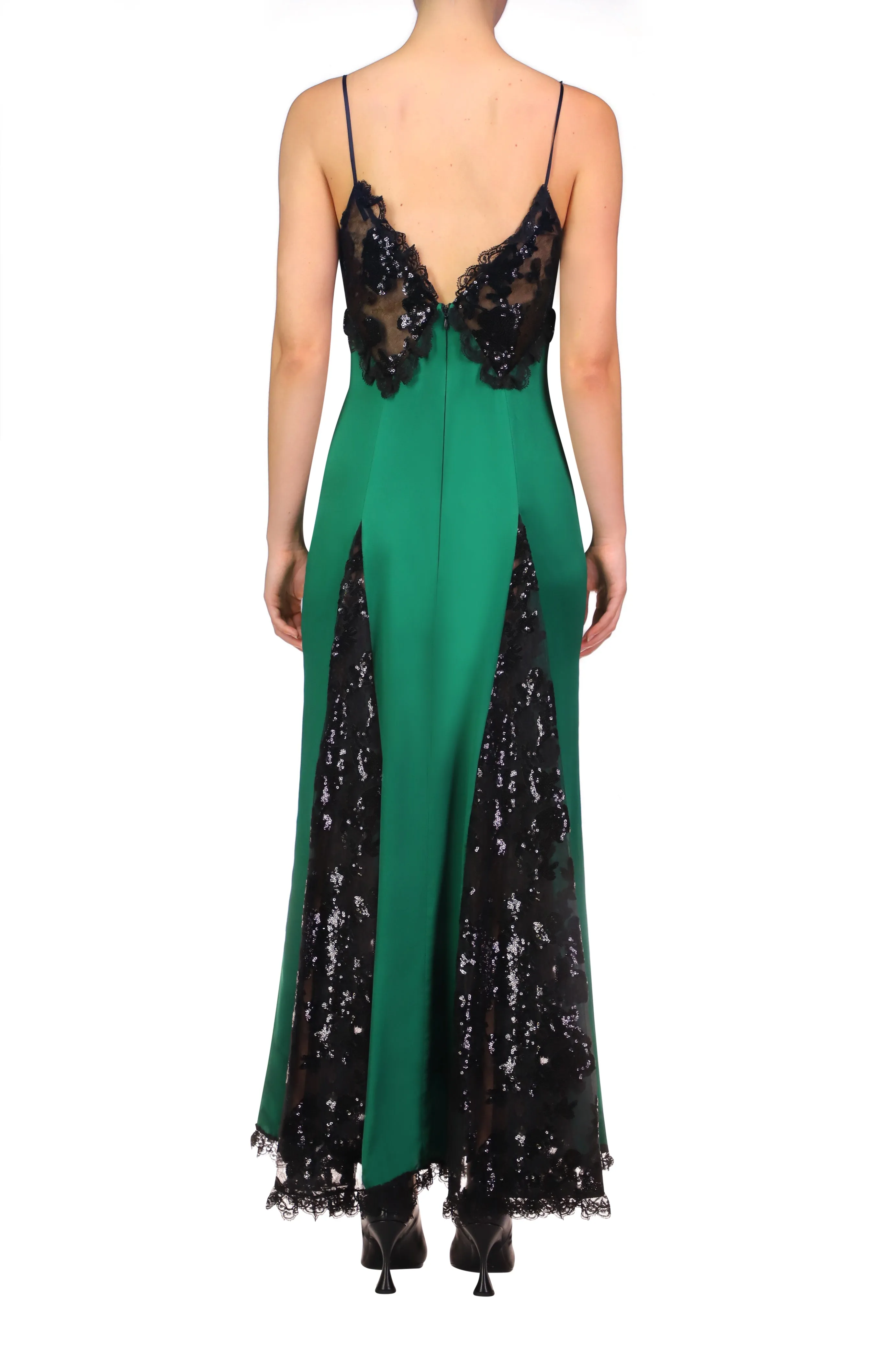 Green Silk Satin And Black Sequin Dress With Godet And Lace Ruffle