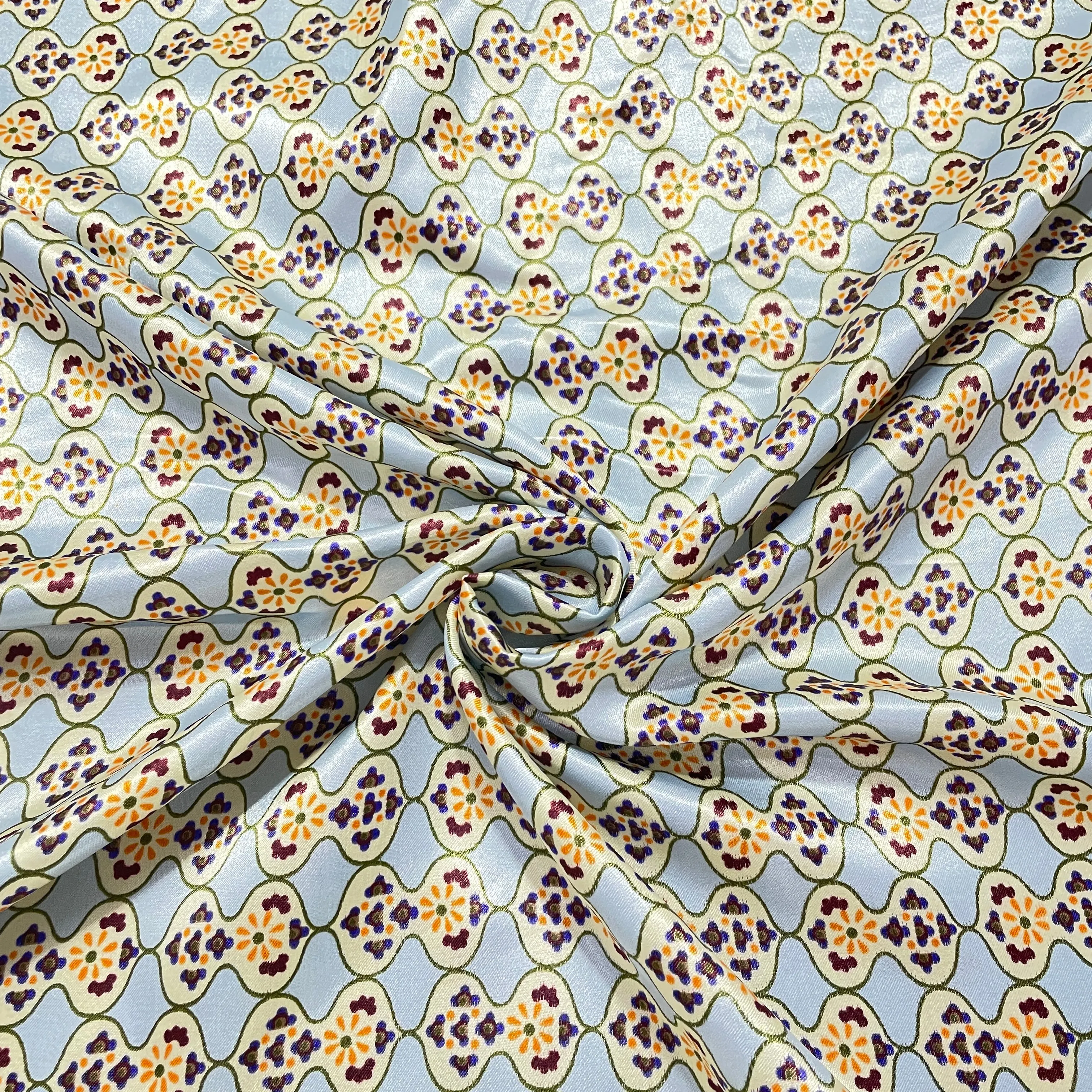 Grey Multicolor Geometerical Print Satin Fabric