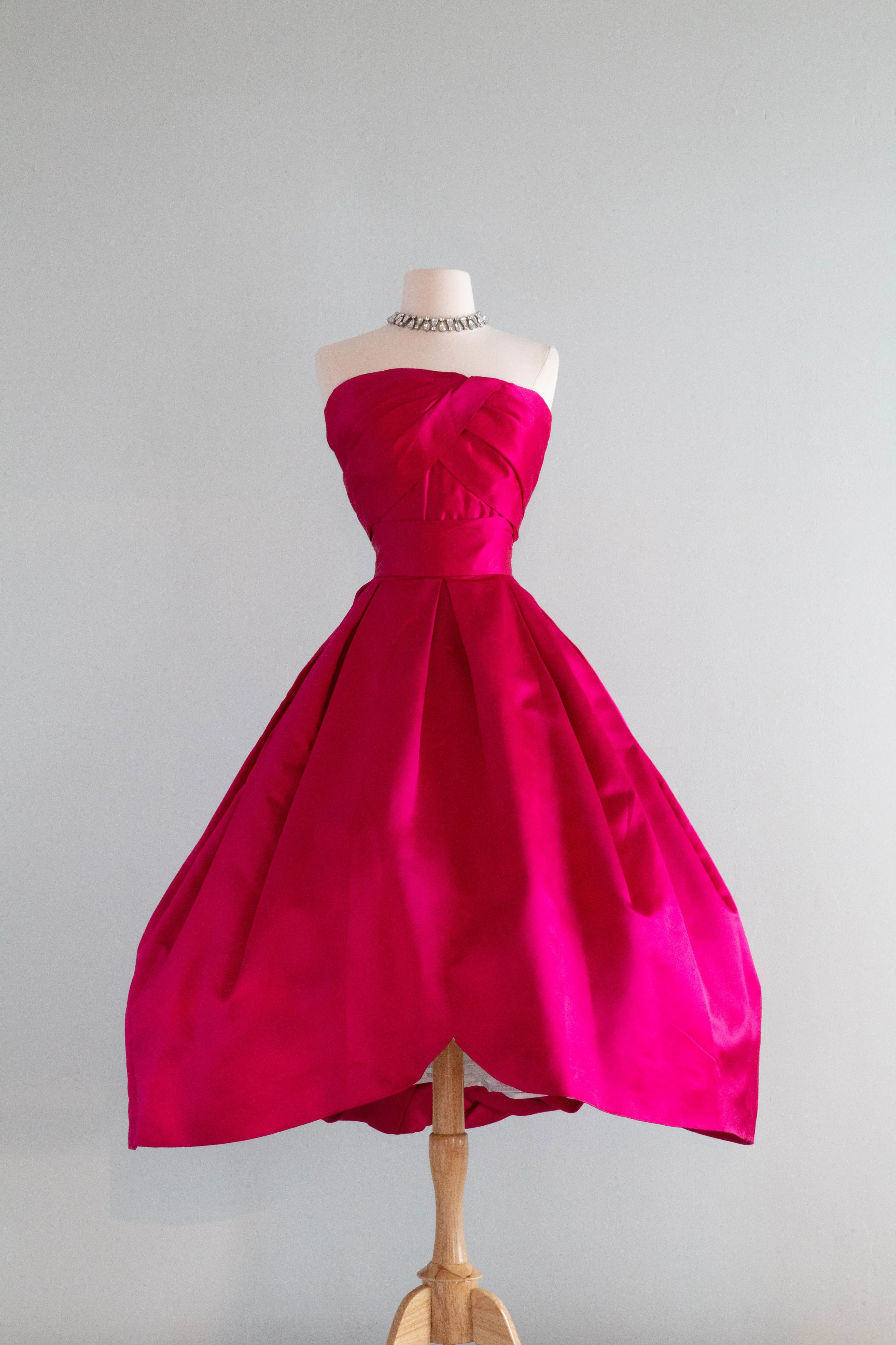 *Hattie Carnegie Couture Shocking Pink 1950's Silk Petal Skirt Evening Dress / Small