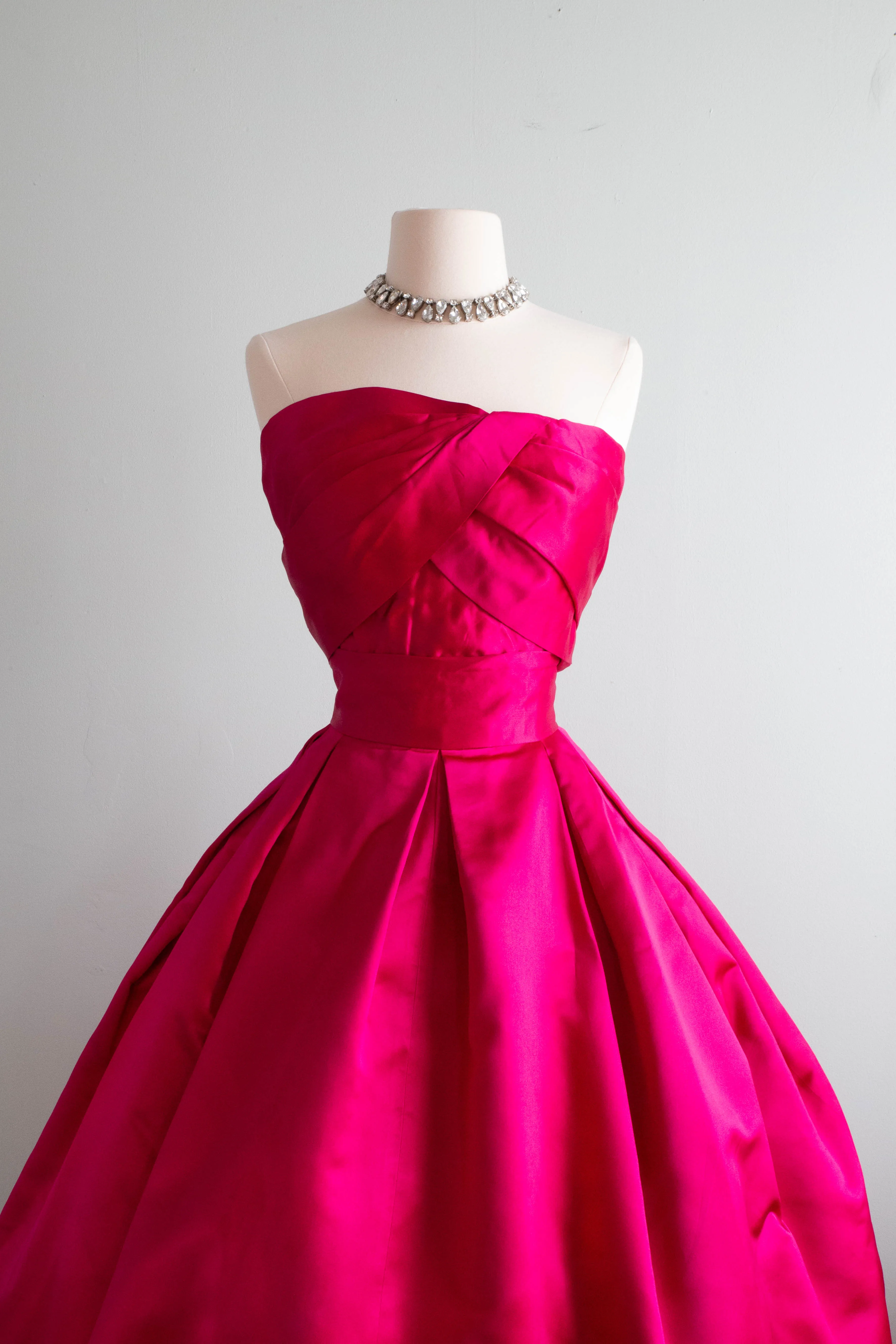 *Hattie Carnegie Couture Shocking Pink 1950's Silk Petal Skirt Evening Dress / Small