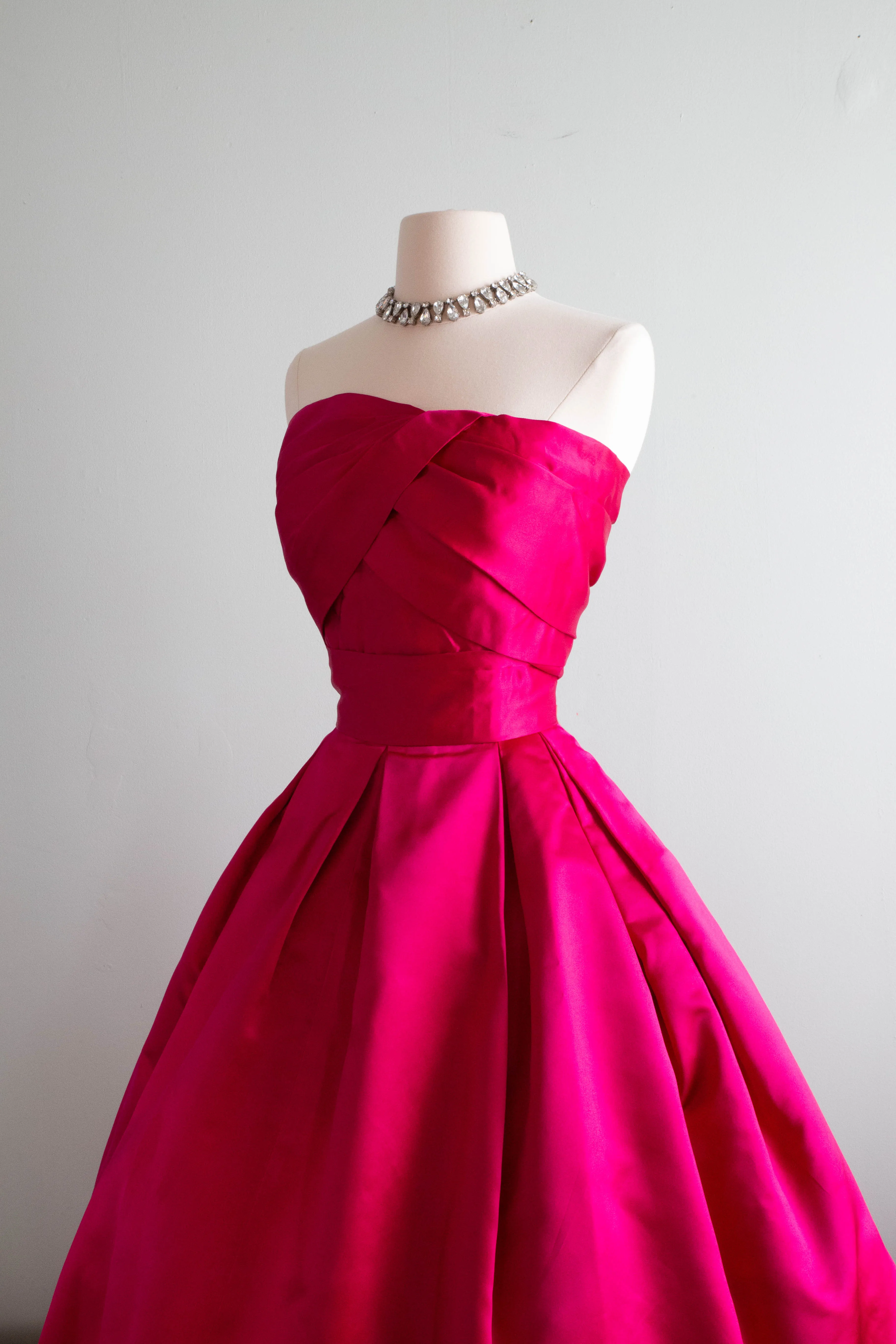 *Hattie Carnegie Couture Shocking Pink 1950's Silk Petal Skirt Evening Dress / Small