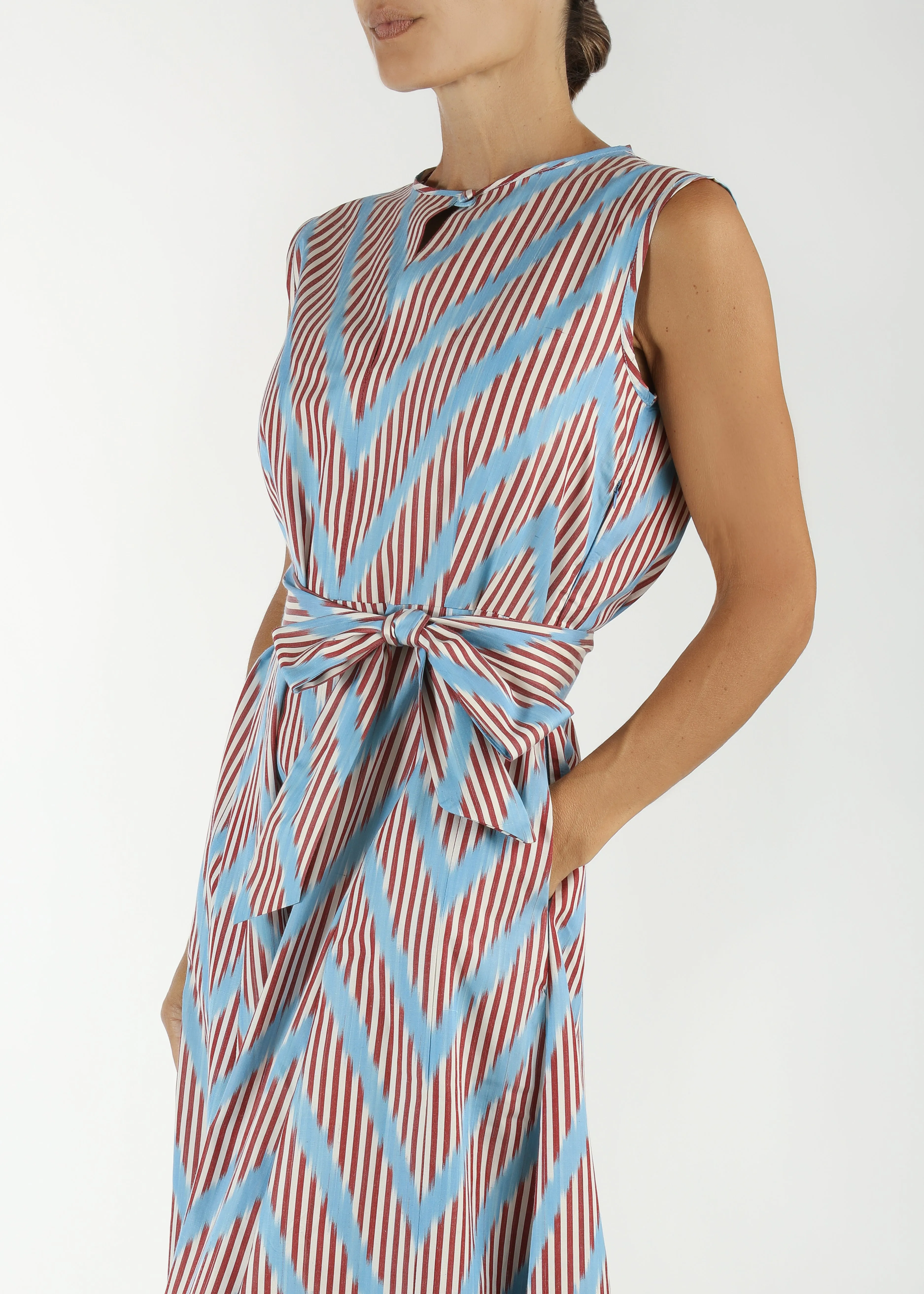 Hyannis Silk Ikat Sleeveless Dress - Red, White, Light Blue