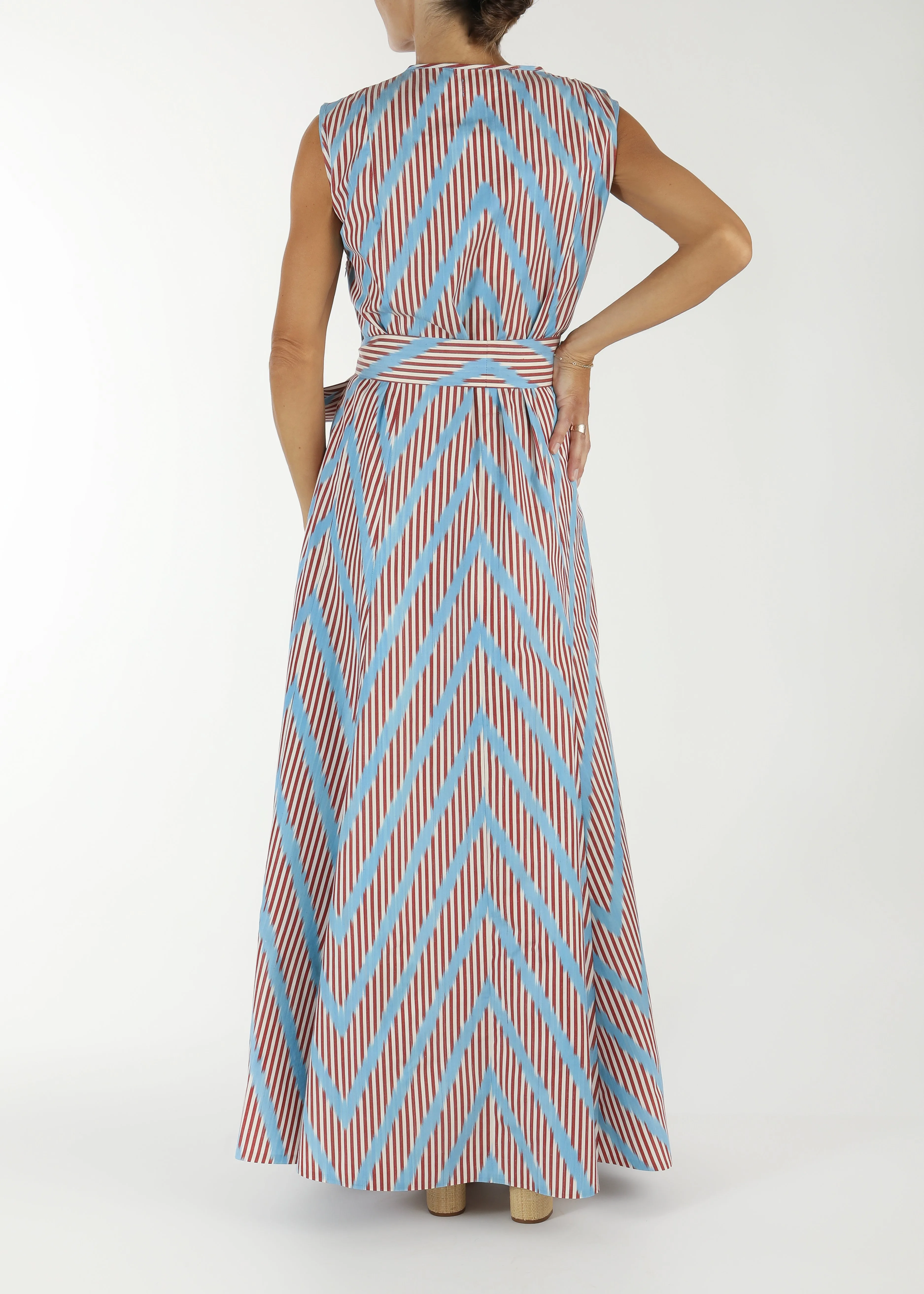 Hyannis Silk Ikat Sleeveless Dress - Red, White, Light Blue