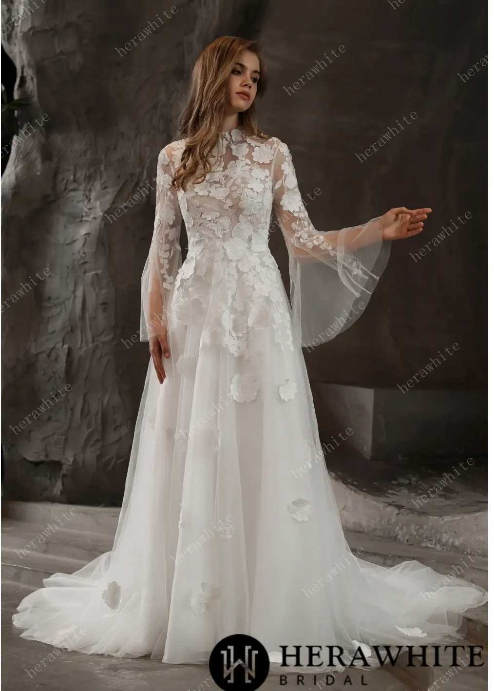 Illusion High Neck Bridal Gown with Lovely 3D Floral Lace