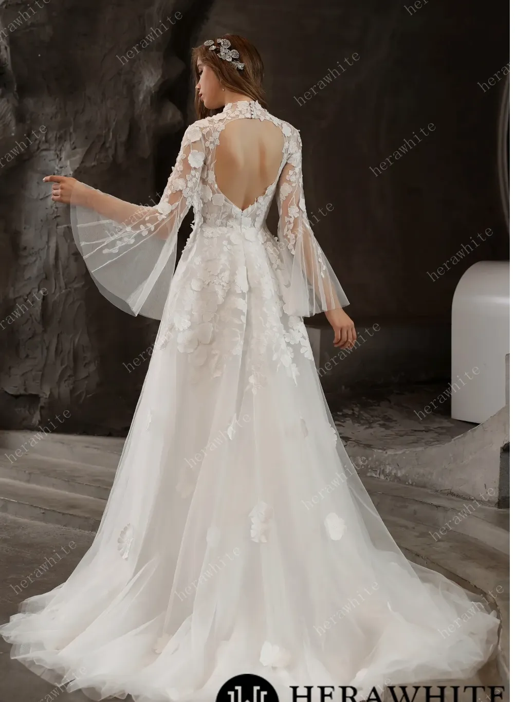 Illusion High Neck Bridal Gown with Lovely 3D Floral Lace