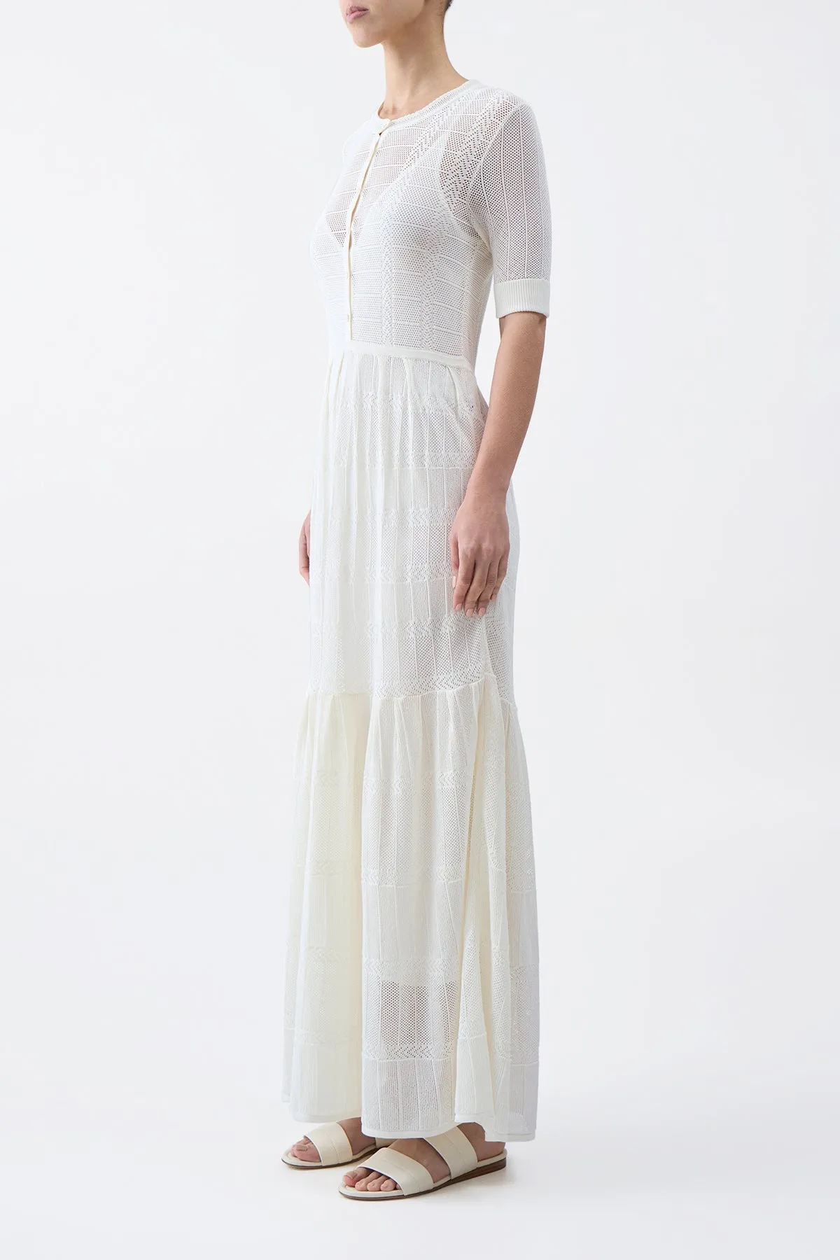 Iris Pointelle Knit Pleated Dress with Slip in Ivory Cotton Silk