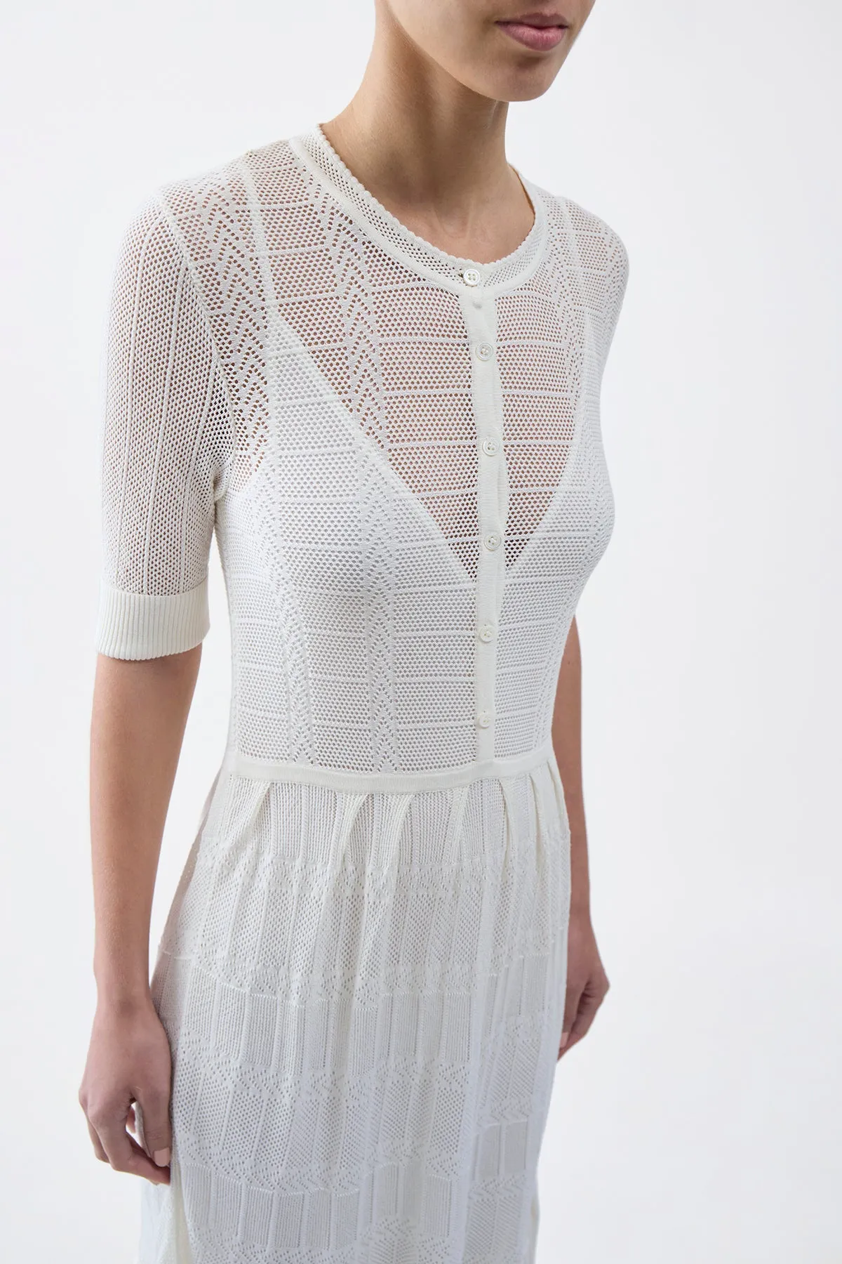 Iris Pointelle Knit Pleated Dress with Slip in Ivory Cotton Silk