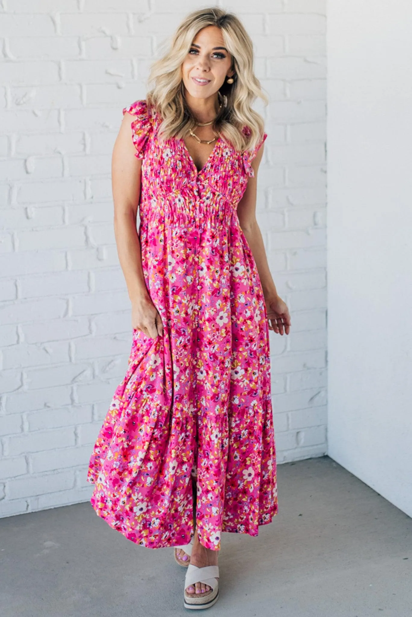 Jeanie Button Front Smocked Midi