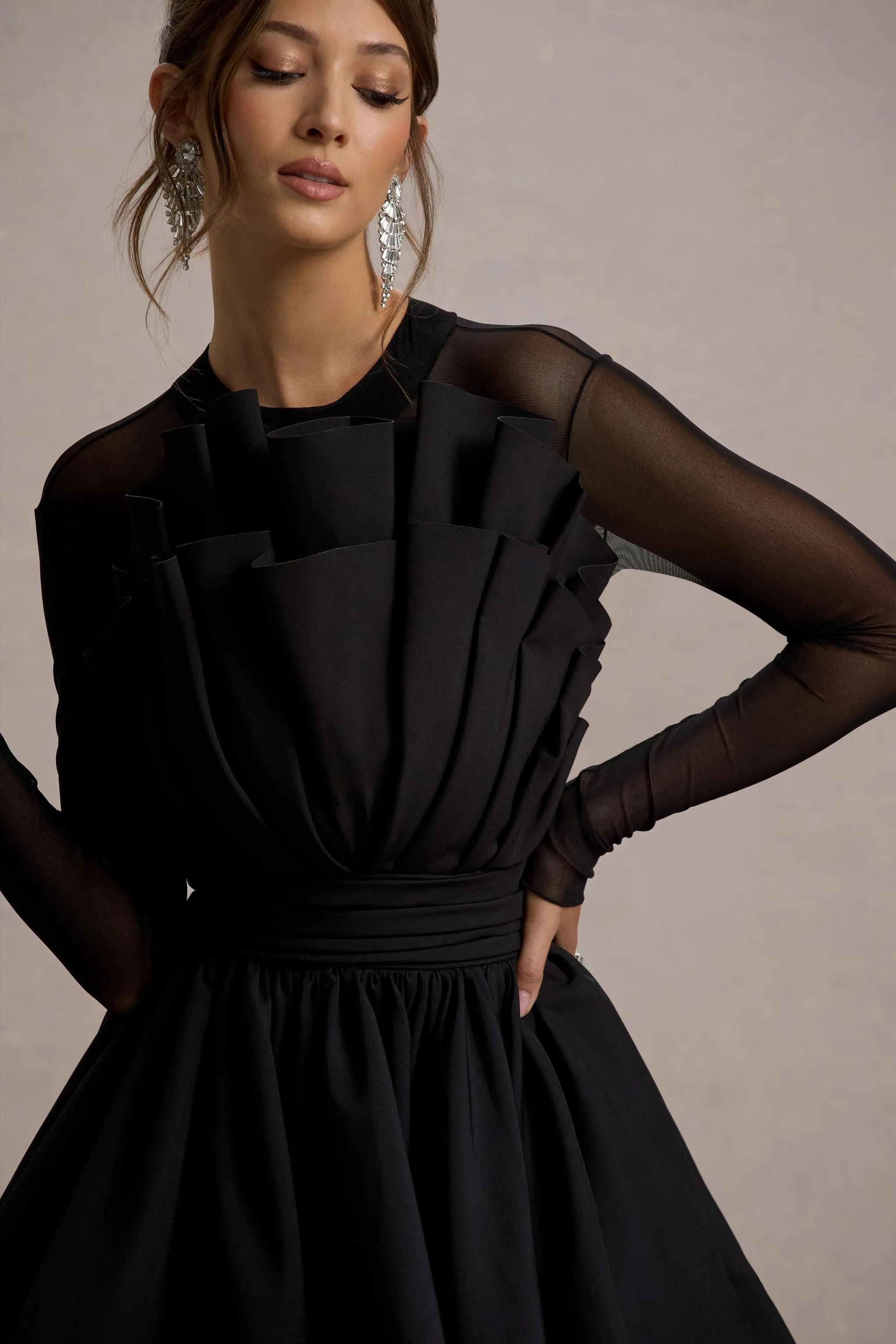 Jeri | Black Mesh Long-Sleeve Ruffled Mini Dress