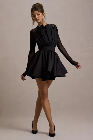 Jeri | Black Mesh Long-Sleeve Ruffled Mini Dress