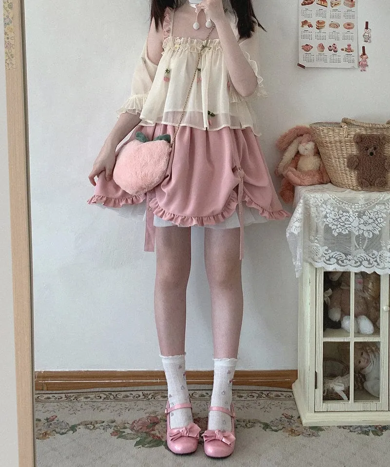 Kawaii Ruffle High Waist Heart Belt Skirt