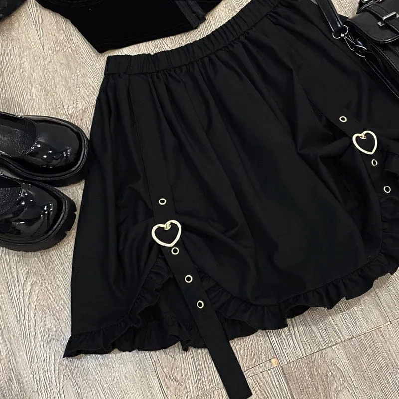 Kawaii Ruffle High Waist Heart Belt Skirt