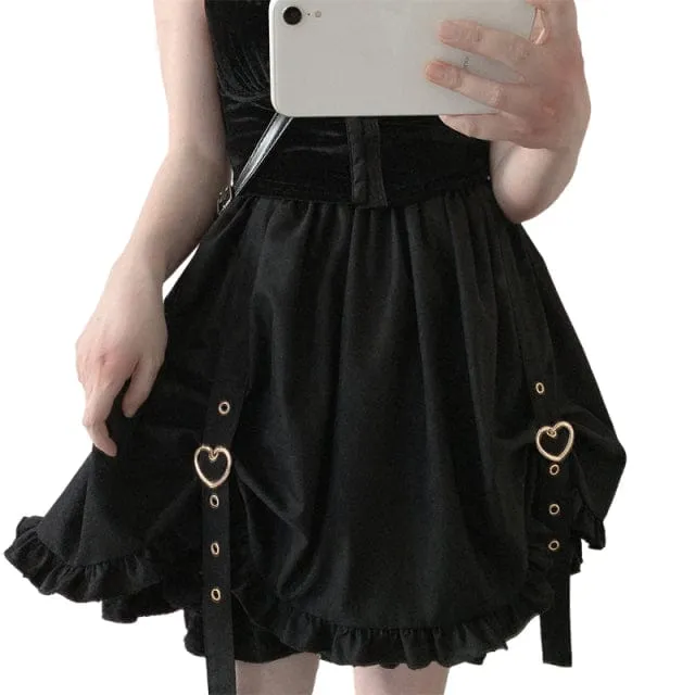 Kawaii Ruffle High Waist Heart Belt Skirt