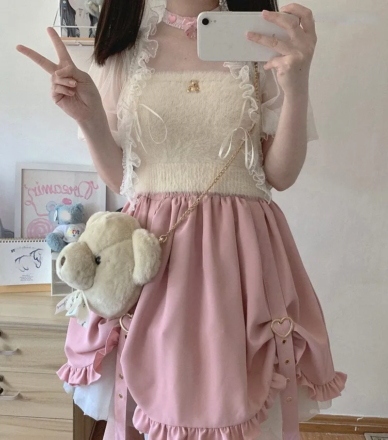 Kawaii Ruffle High Waist Heart Belt Skirt