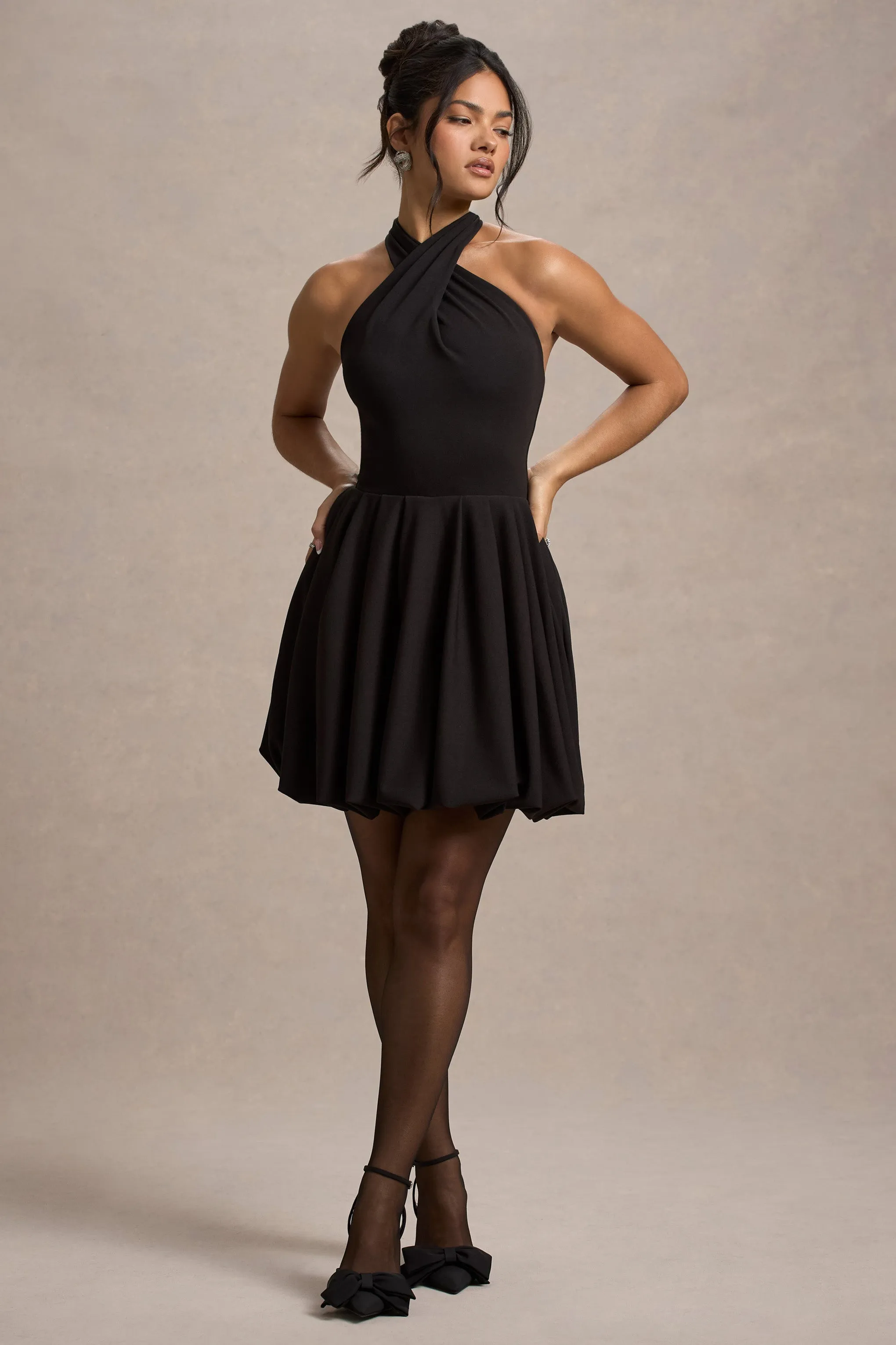 Klytie | Black Halter-Neck Mini Dress With Puff-Ball Skirt