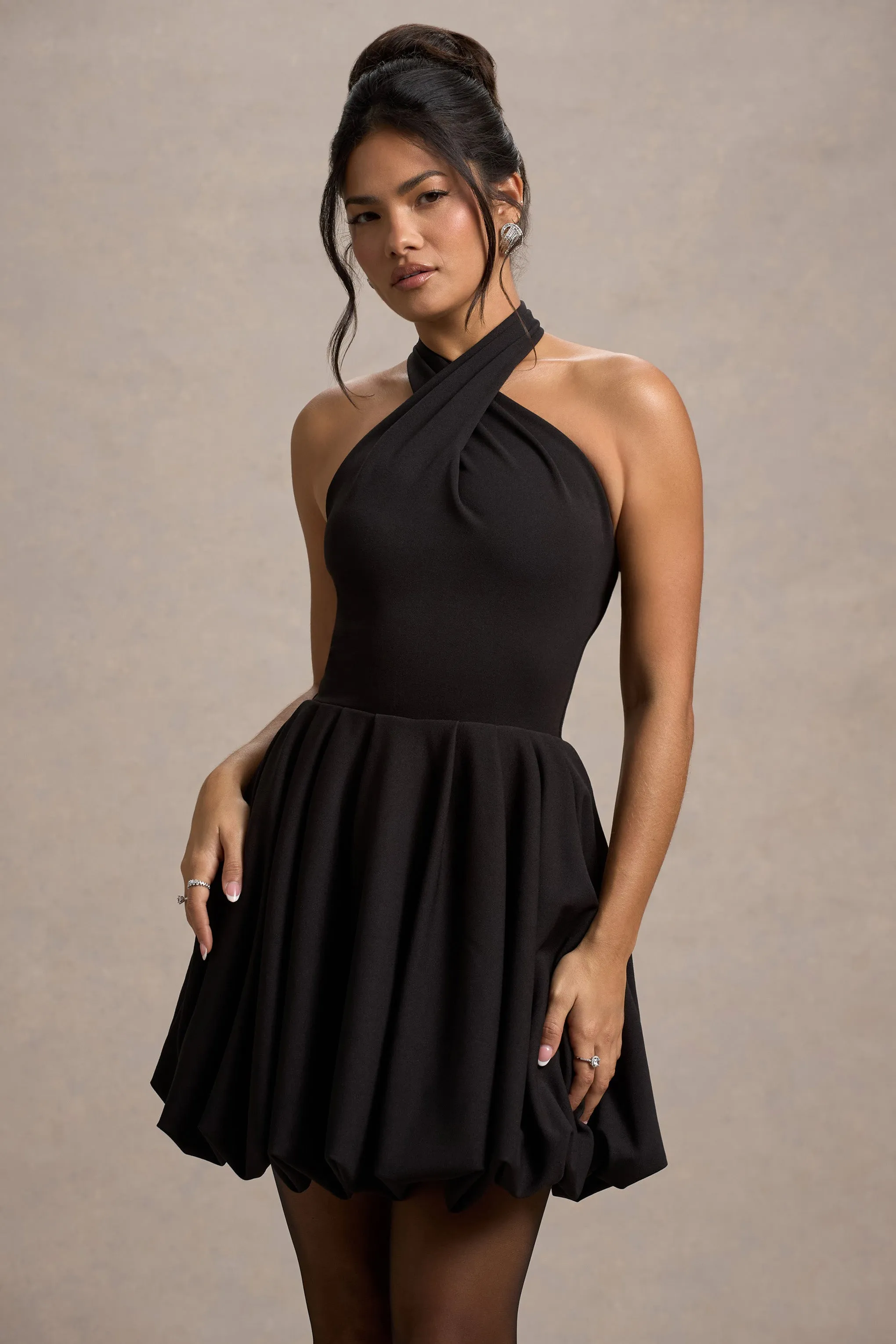 Klytie | Black Halter-Neck Mini Dress With Puff-Ball Skirt