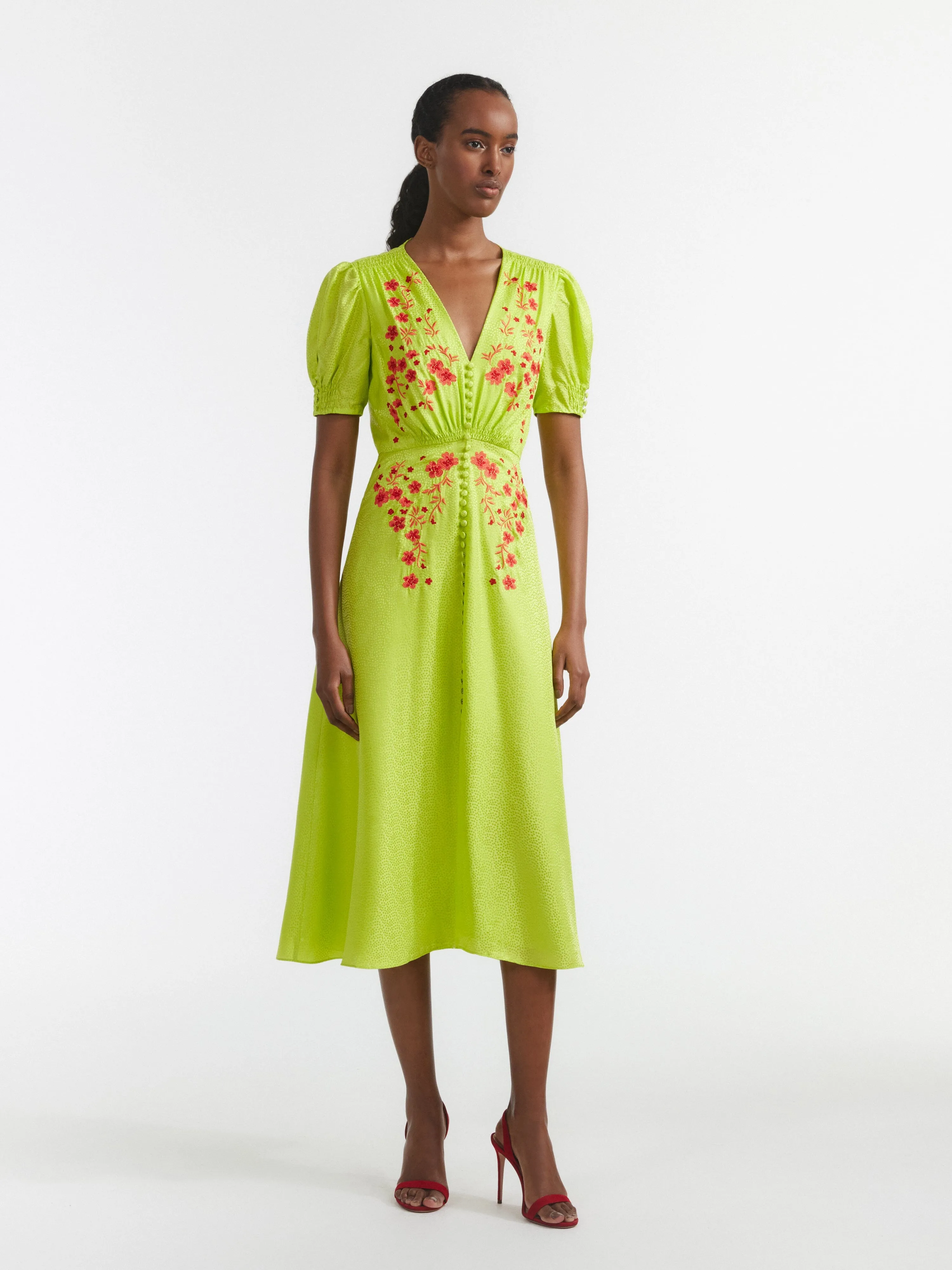 Lea Dress in Lime Coral Embroidery