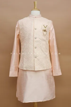 Light Peach Mens Jacket Kurta With Chikankari Work