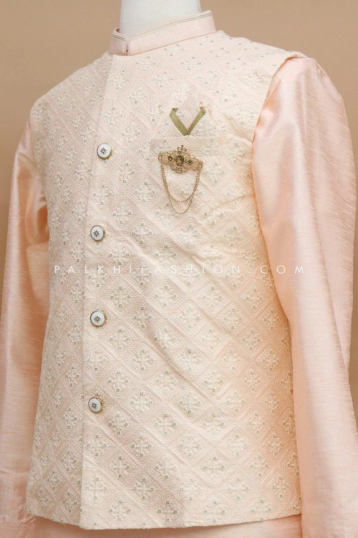 Light Peach Mens Jacket Kurta With Chikankari Work