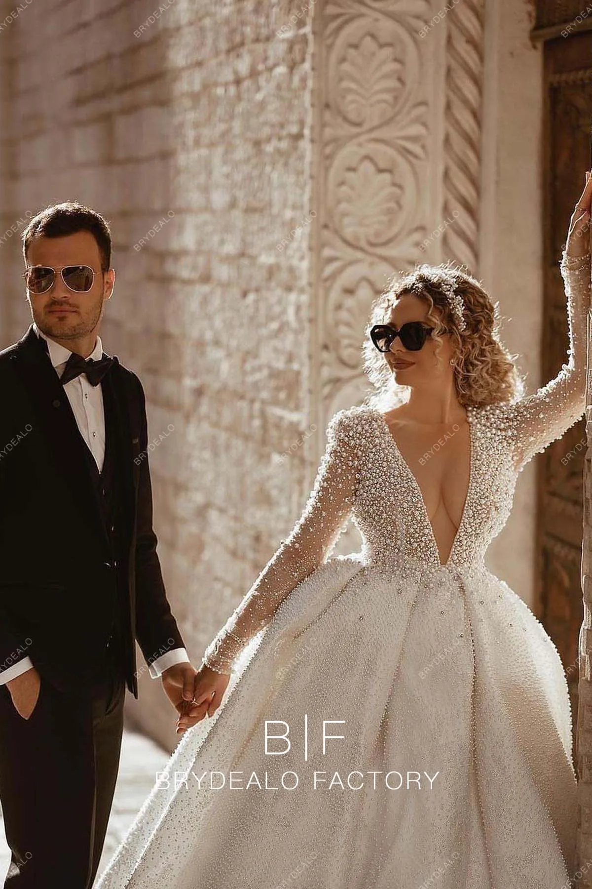 Luxury Pearls Plunging Neck Long Sleeve Custom Ball Gown Wedding Dress