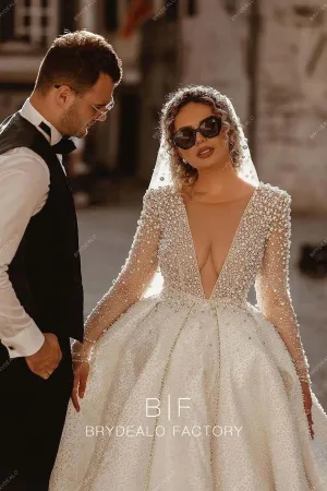 Luxury Pearls Plunging Neck Long Sleeve Custom Ball Gown Wedding Dress