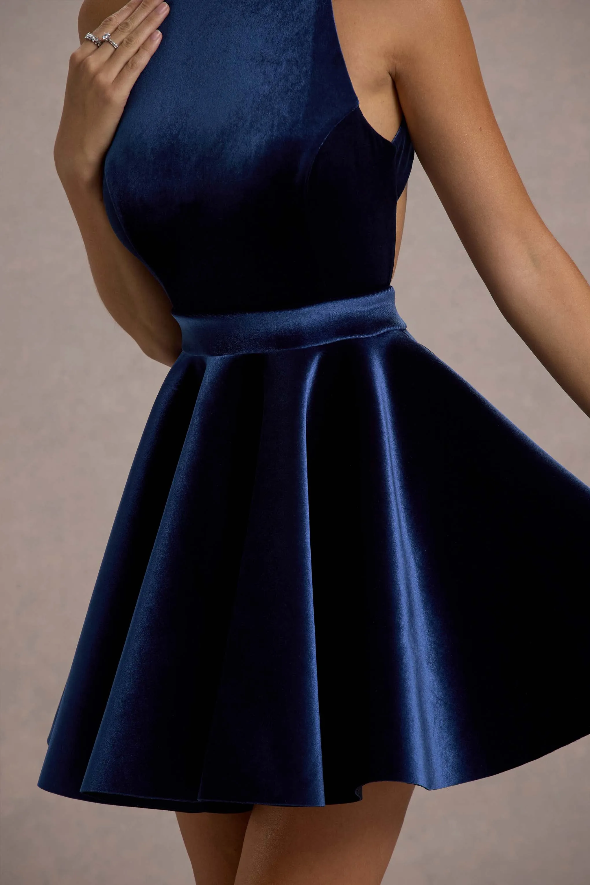 Mackie | Navy Velvet Sleeveless Skater Mini Dress