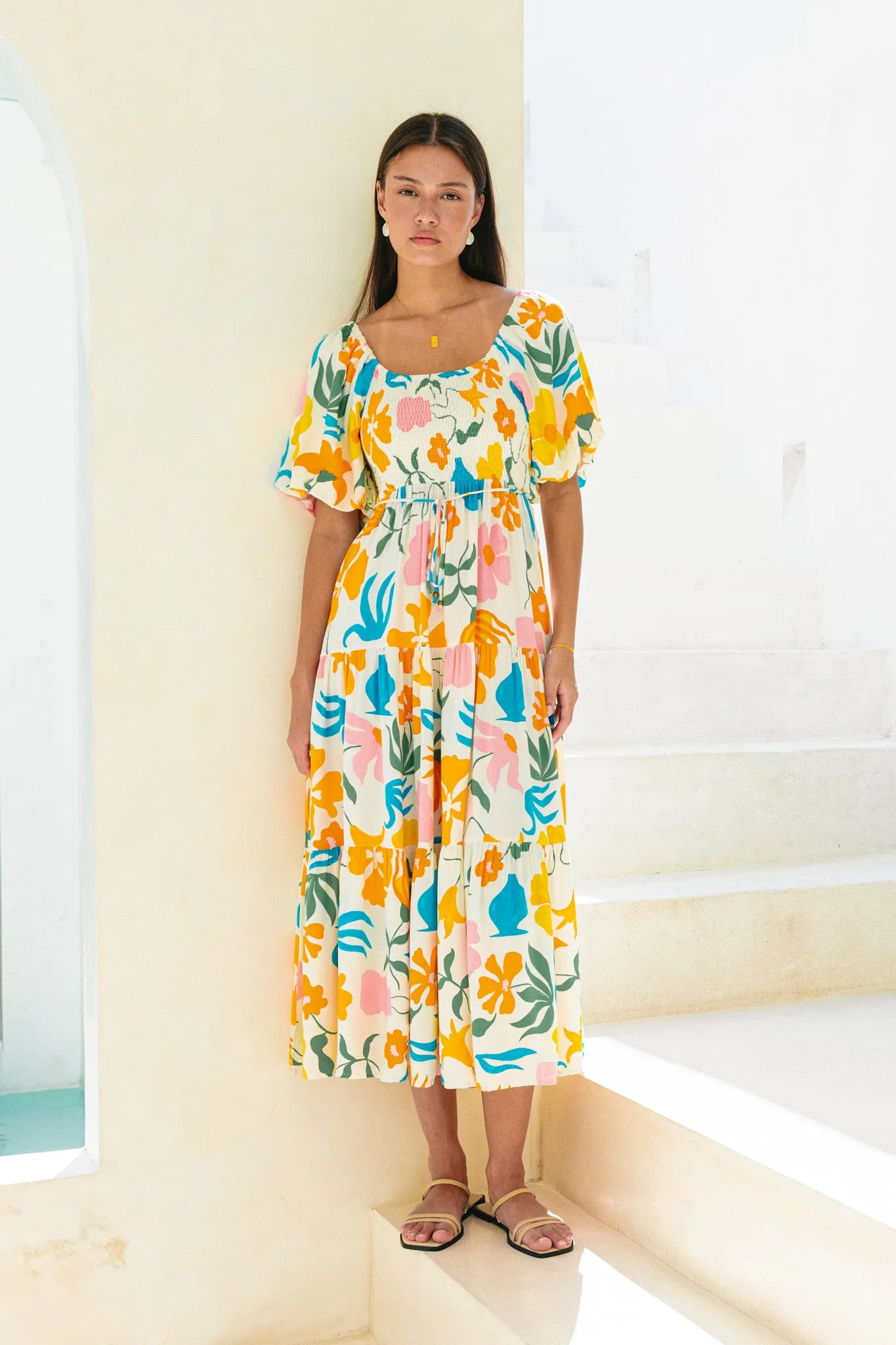 Magnolia Yellow Blue Floral Puff Sleeve Midi Dress