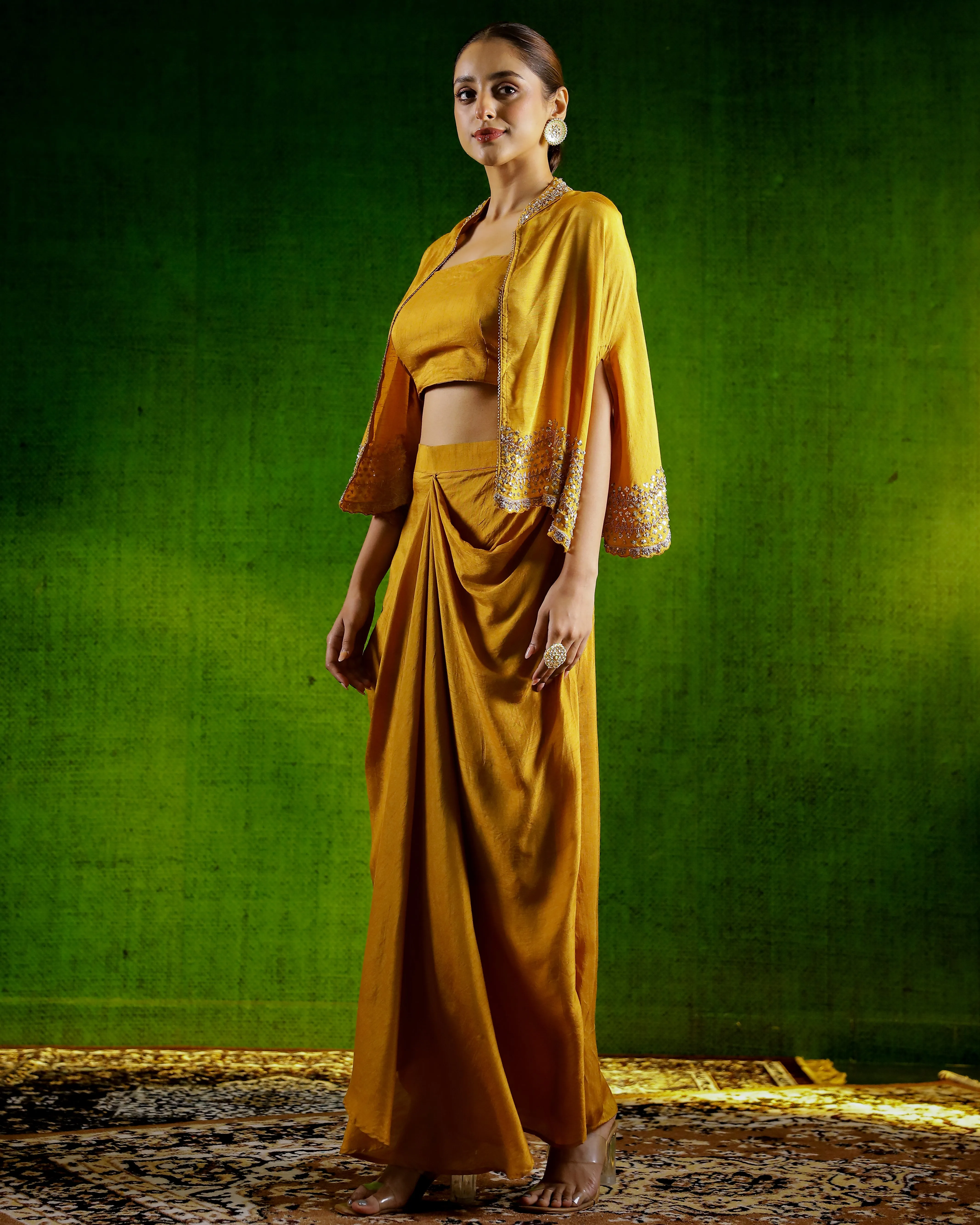 Mustard Embellished Raw Silk Skirt Set