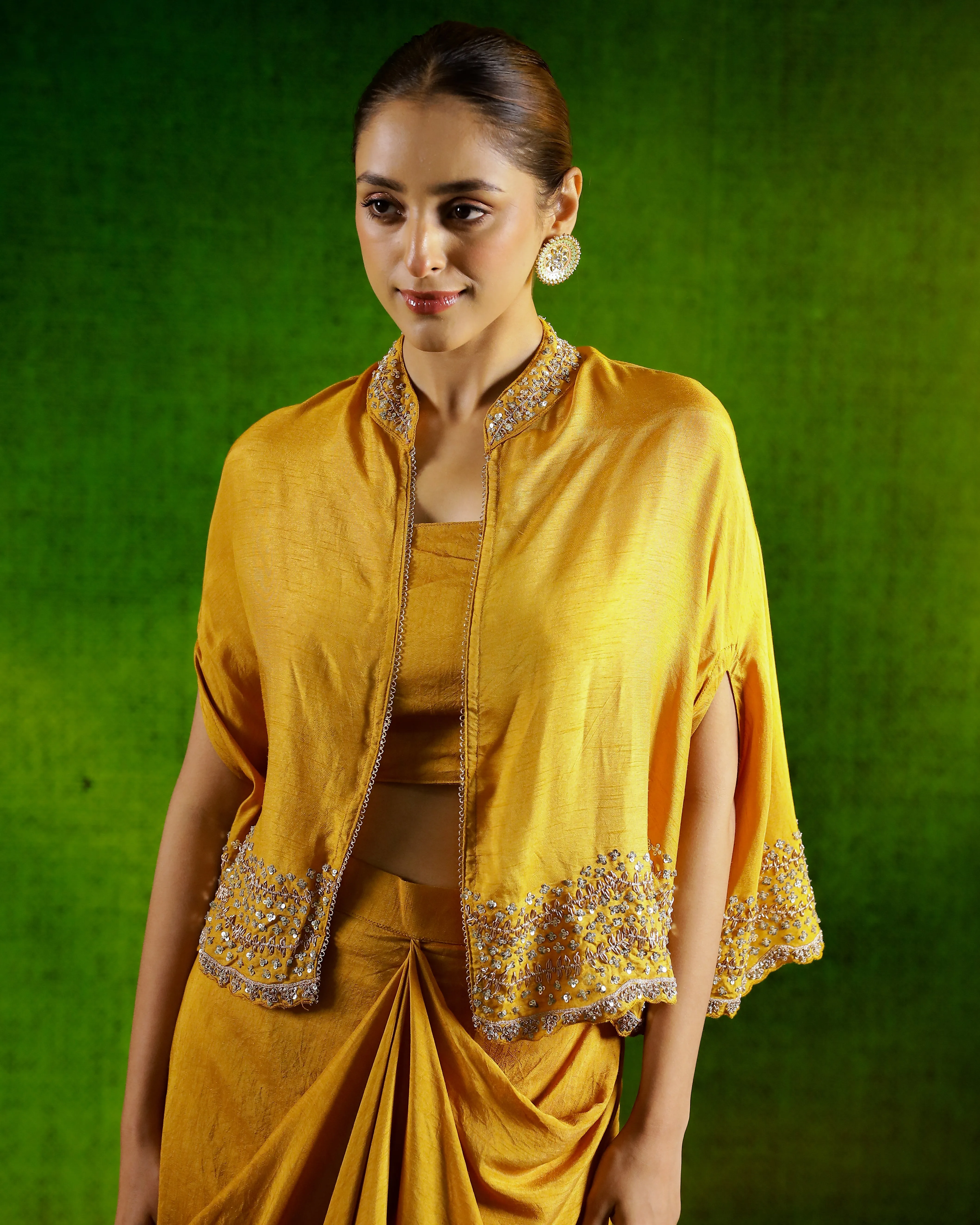 Mustard Embellished Raw Silk Skirt Set