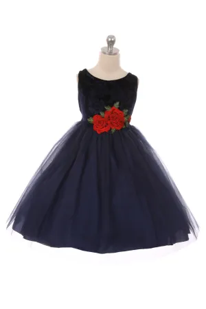 Navy KD396  Velvet Rose Patch Girl Dress Plus Size Girl Dress