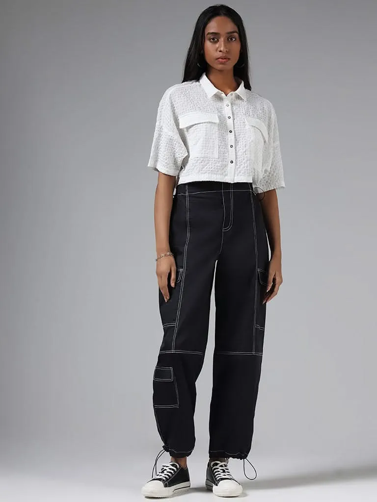 Nuon White Self Textured Crop Shirt