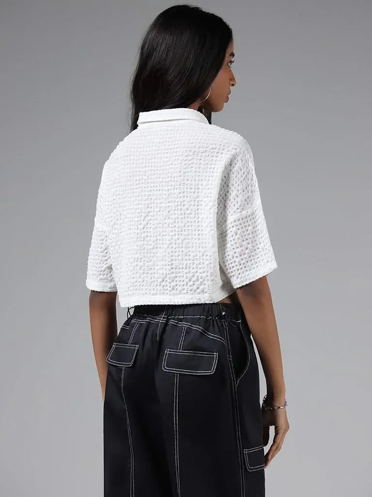 Nuon White Self Textured Crop Shirt