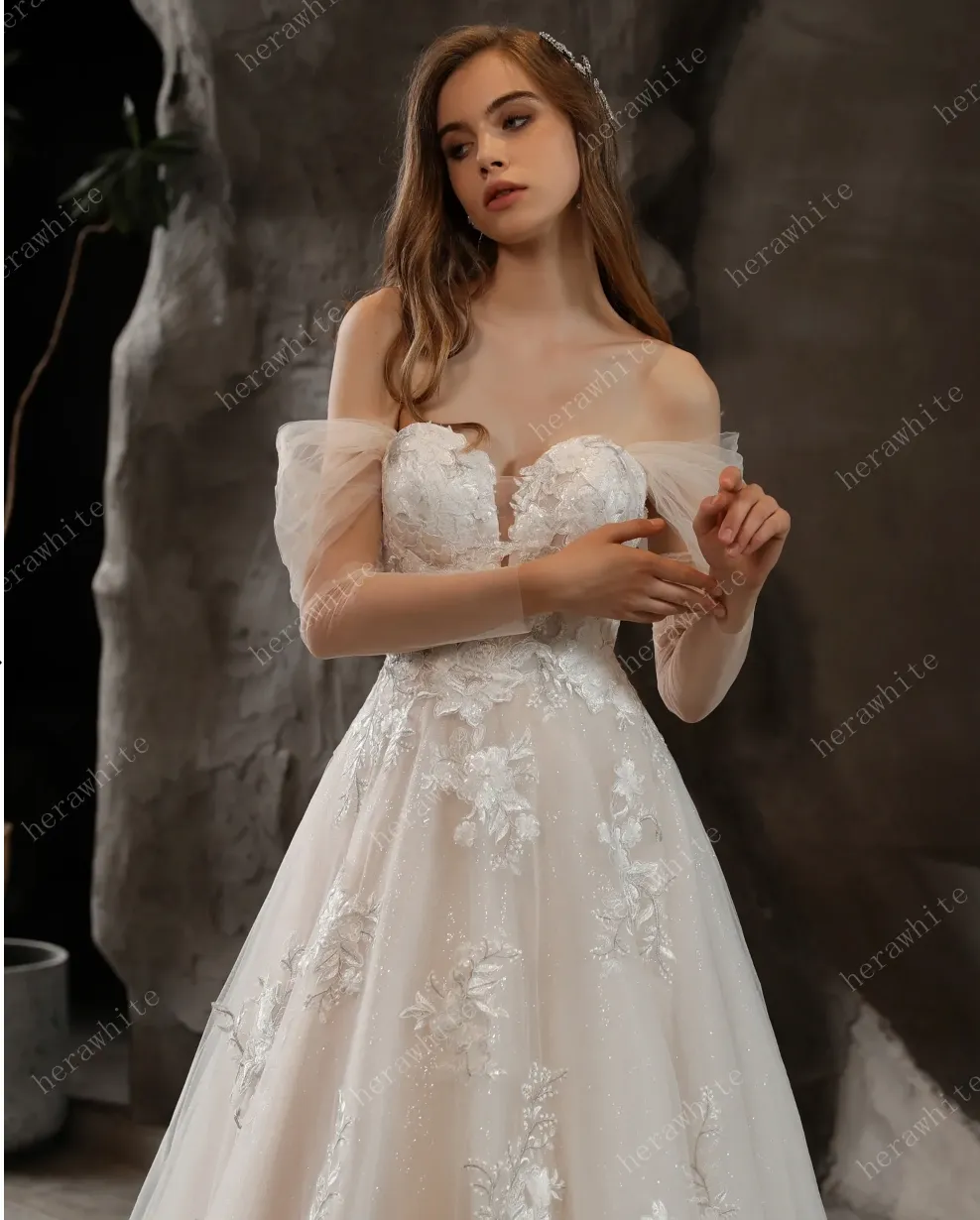 Off-The-Shoulder Romantic Wedding Ball Gown with Glamorous Floral Motifs