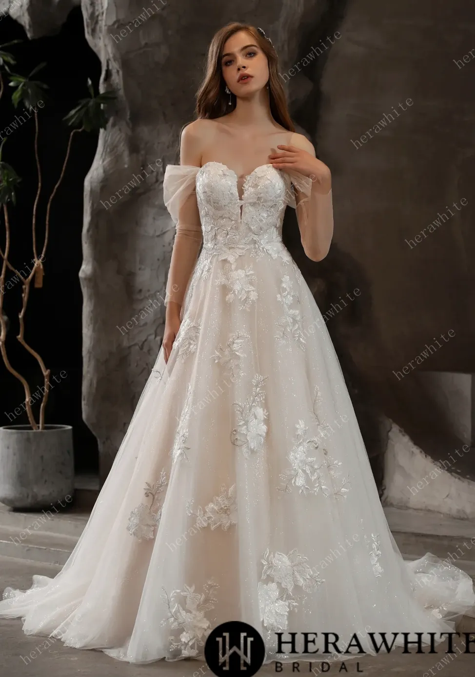 Off-The-Shoulder Romantic Wedding Ball Gown with Glamorous Floral Motifs