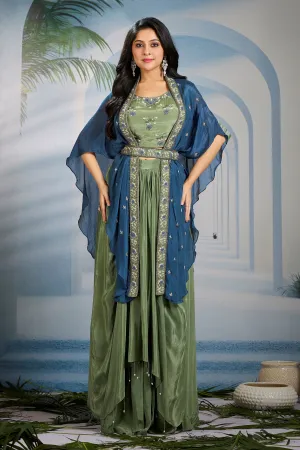 Olive Green Embellished Chinon Silk Cape Set