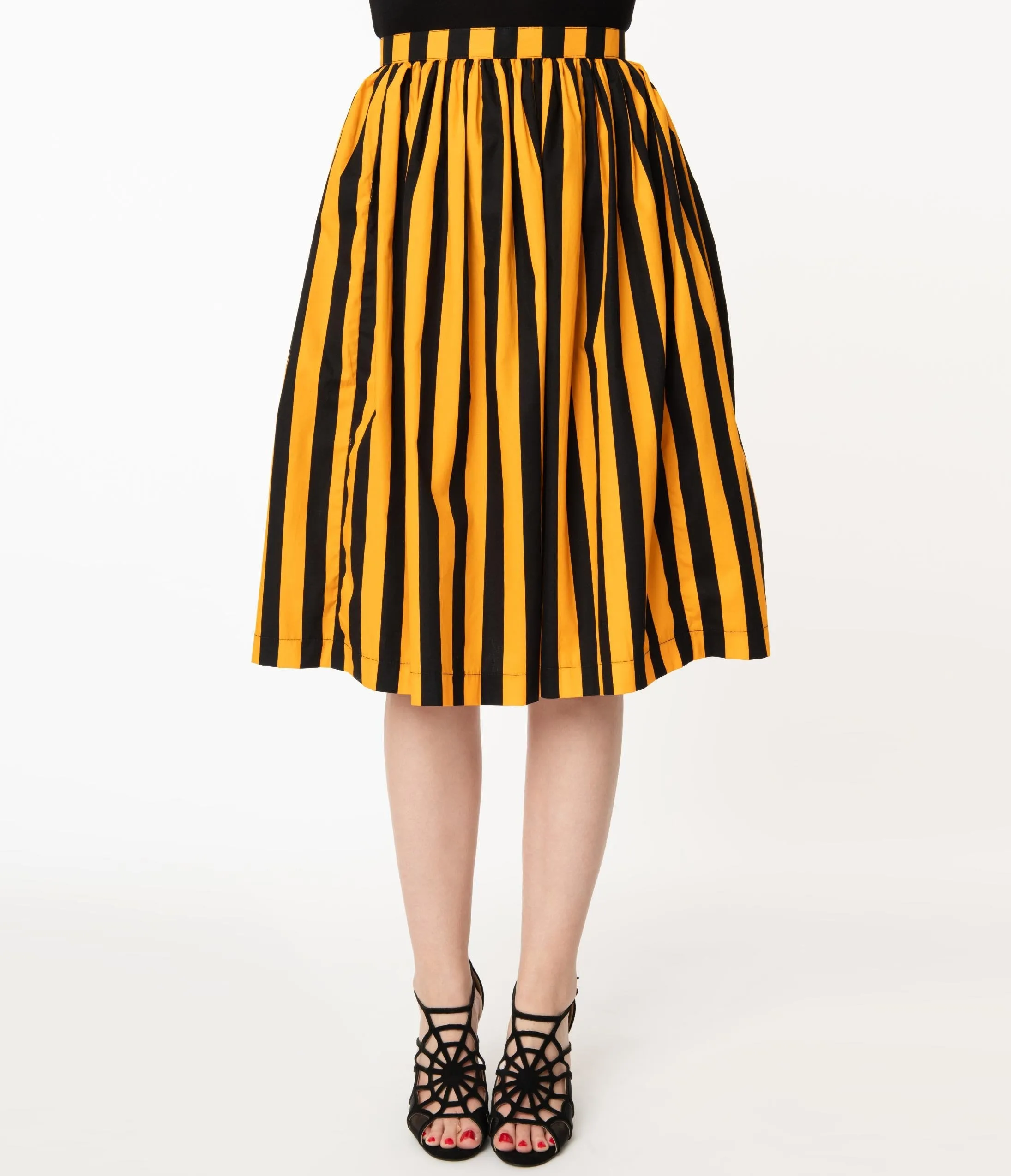 Orange & Black Stripe Gathered Swing Skirt