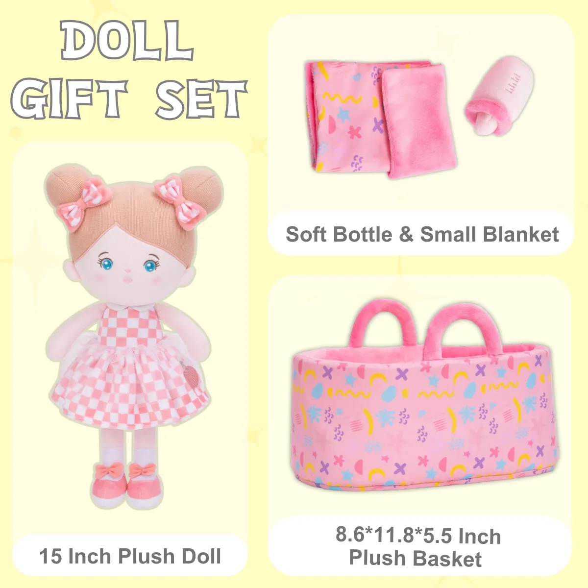 Personalized Pink Plaid Skirt Girl Doll   Cloth Basket Gift Set