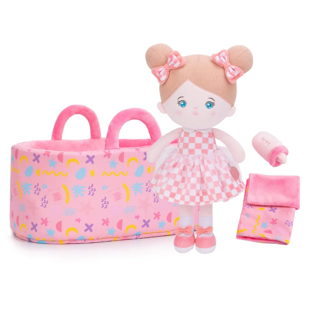 Personalized Pink Plaid Skirt Girl Doll   Cloth Basket Gift Set