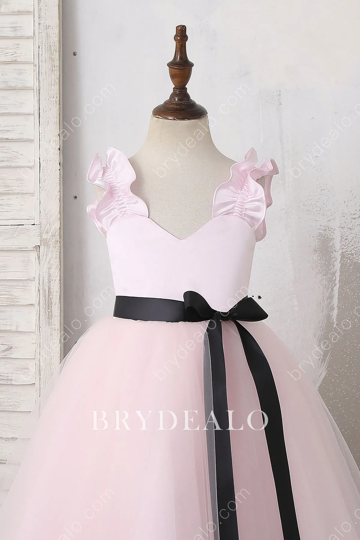 Pink Ruffled Straps Ankle Length Flower Girl Dress With Black Bowknot Sash