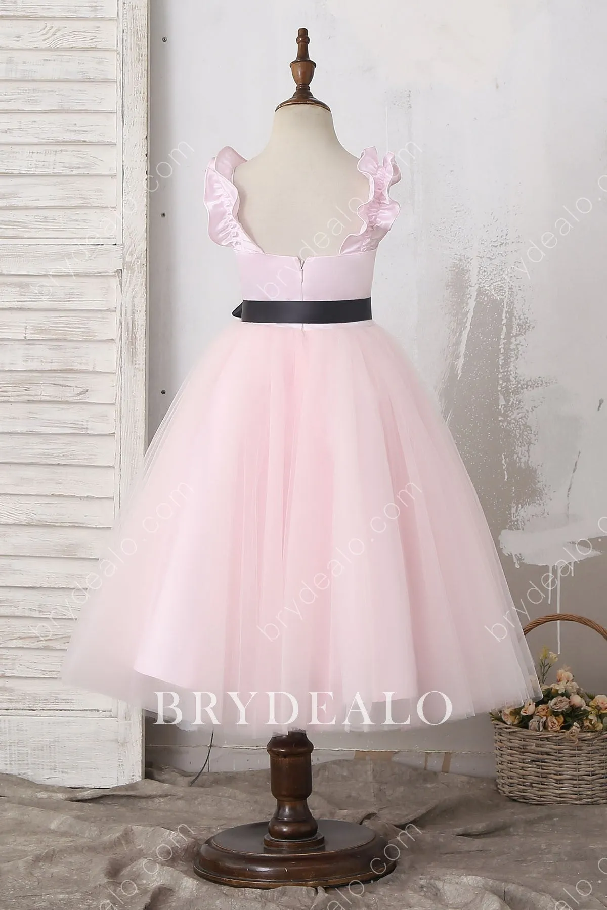 Pink Ruffled Straps Ankle Length Flower Girl Dress With Black Bowknot Sash