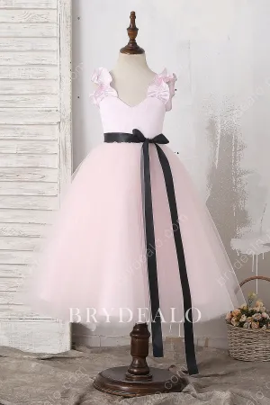 Pink Ruffled Straps Ankle Length Flower Girl Dress With Black Bowknot Sash