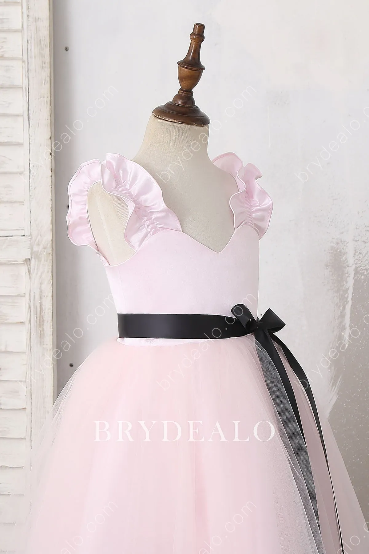 Pink Ruffled Straps Ankle Length Flower Girl Dress With Black Bowknot Sash