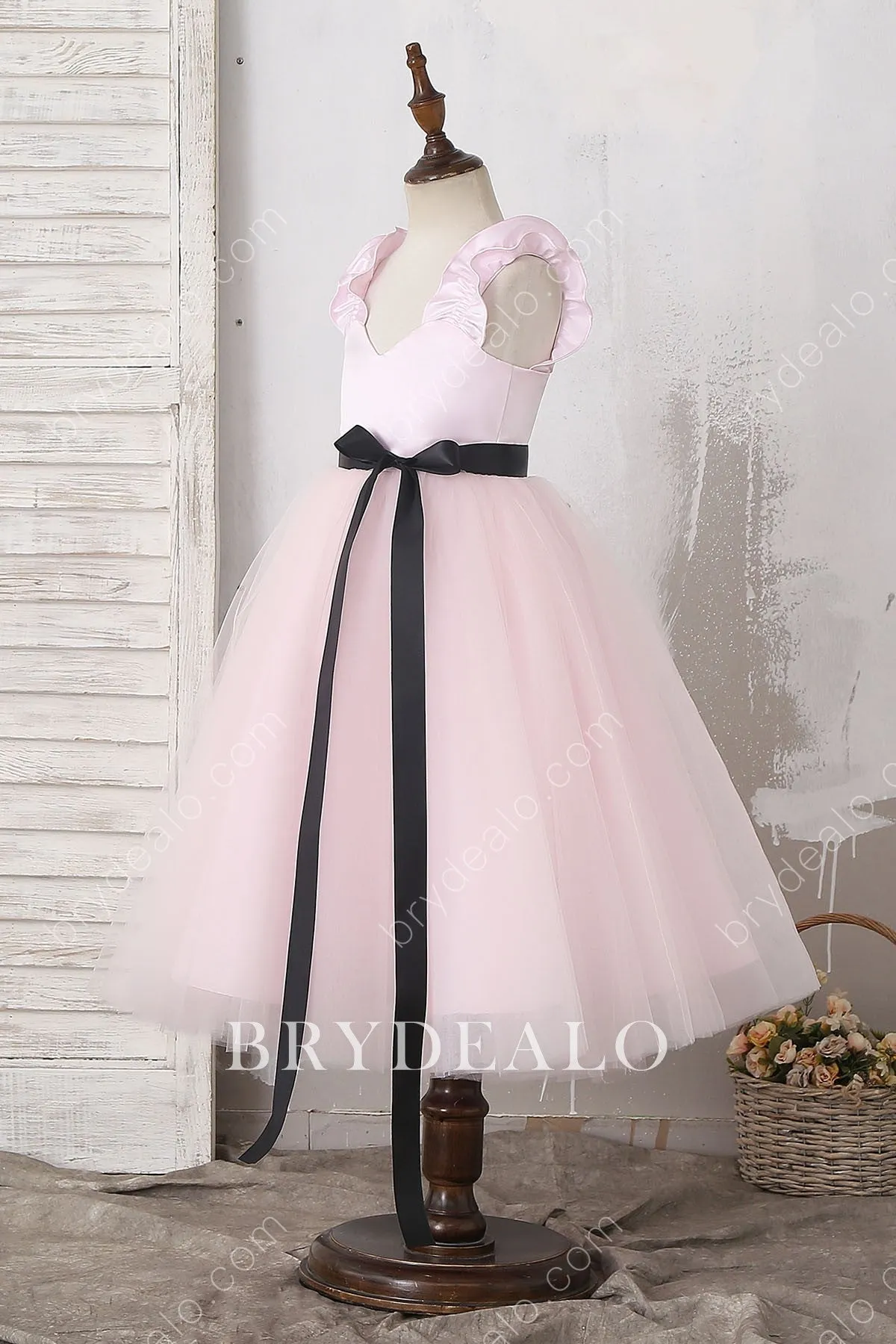 Pink Ruffled Straps Ankle Length Flower Girl Dress With Black Bowknot Sash