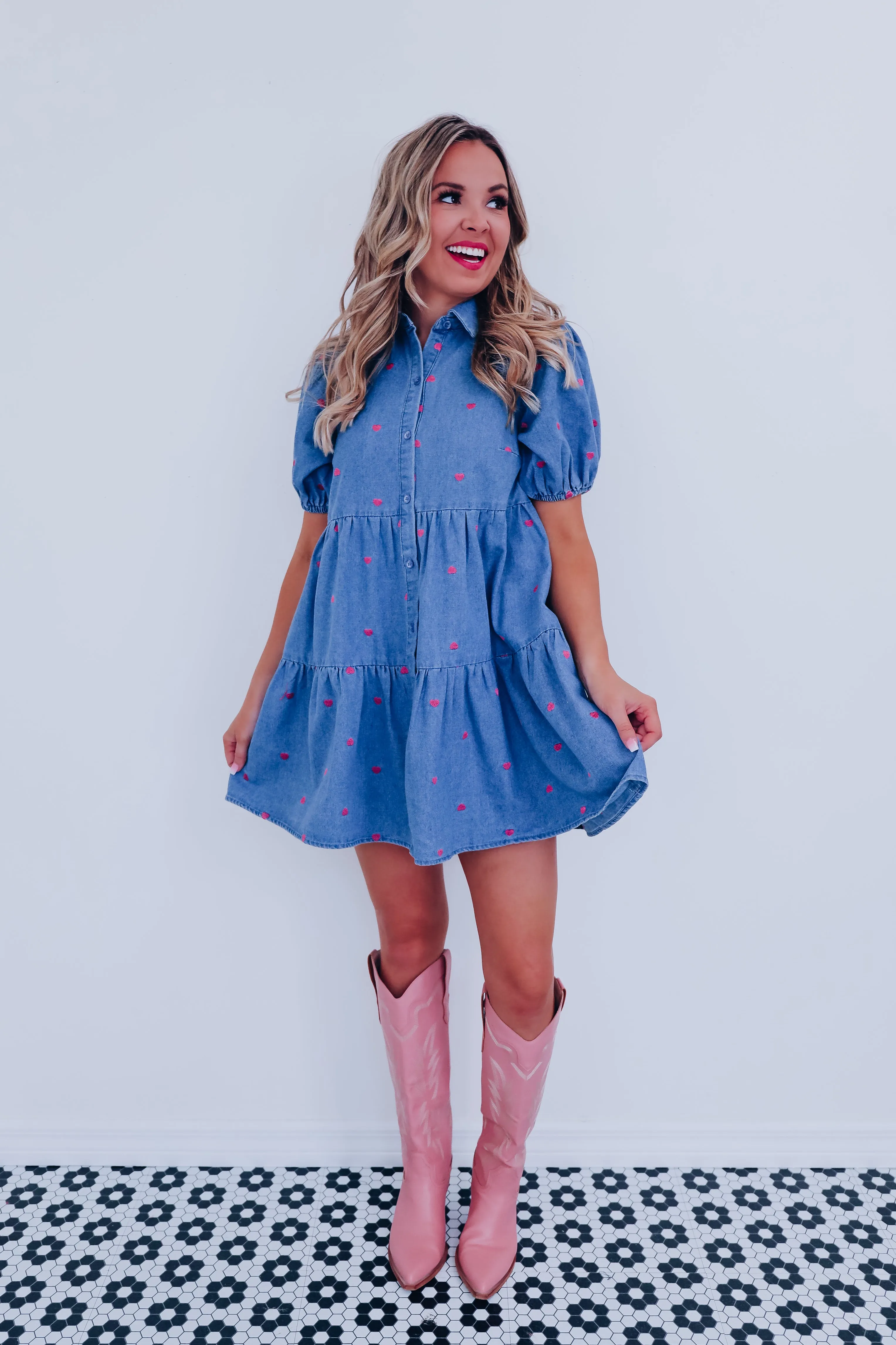 Playful Pink Heart Denim Babydoll Dress