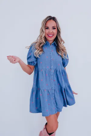 Playful Pink Heart Denim Babydoll Dress