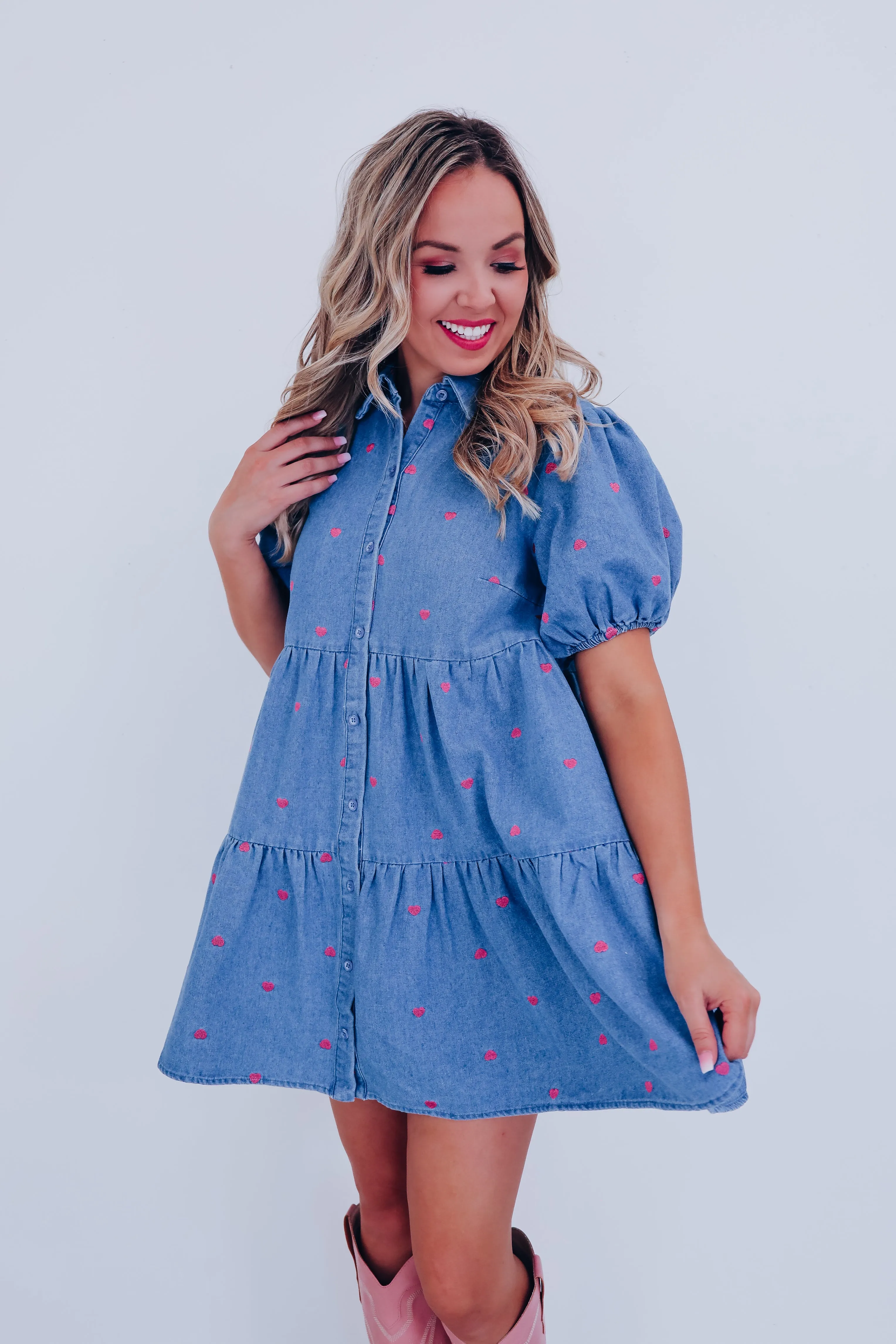 Playful Pink Heart Denim Babydoll Dress