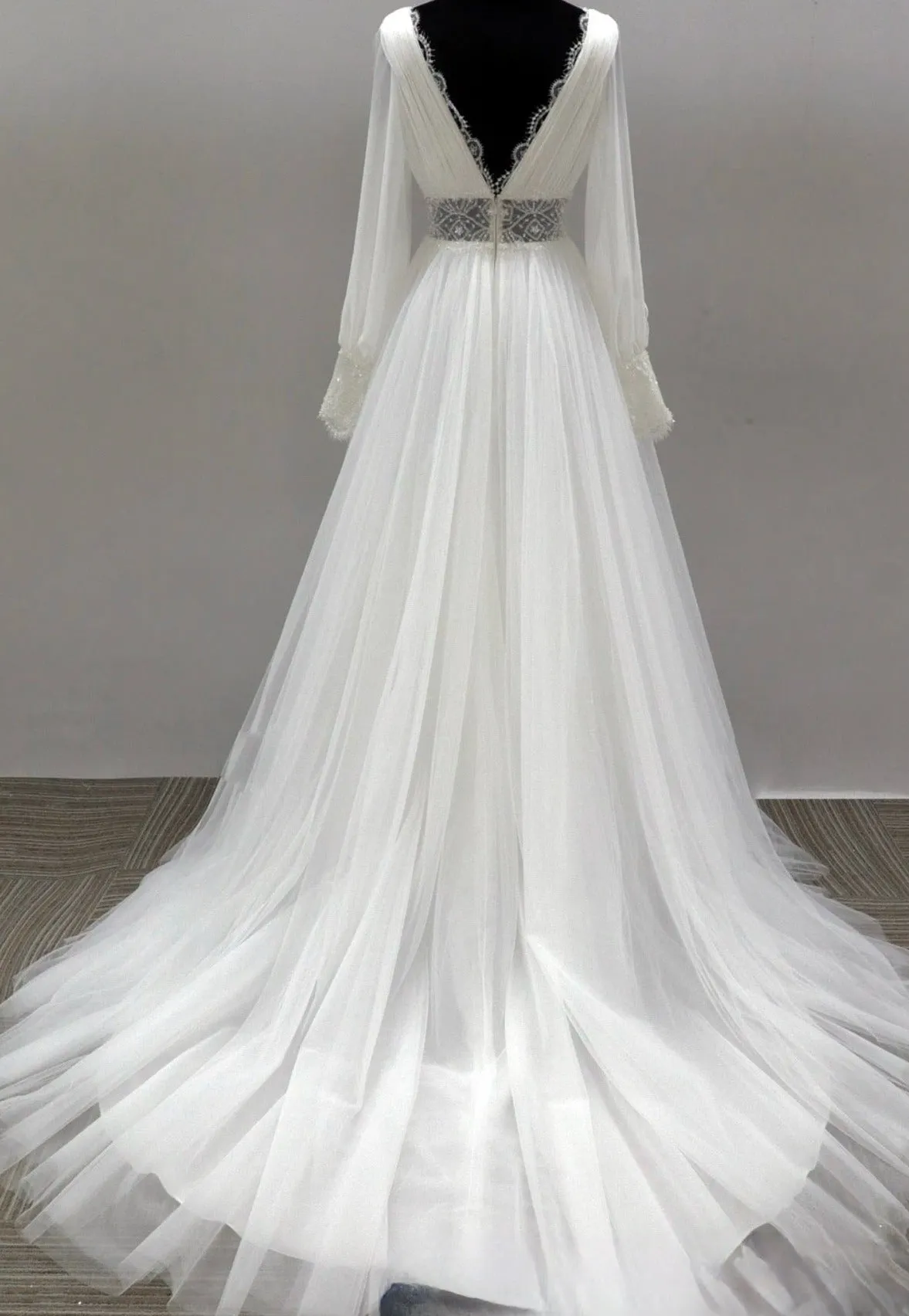 Plunging V-Neck Long Sleeves Tulle Wedding Gown