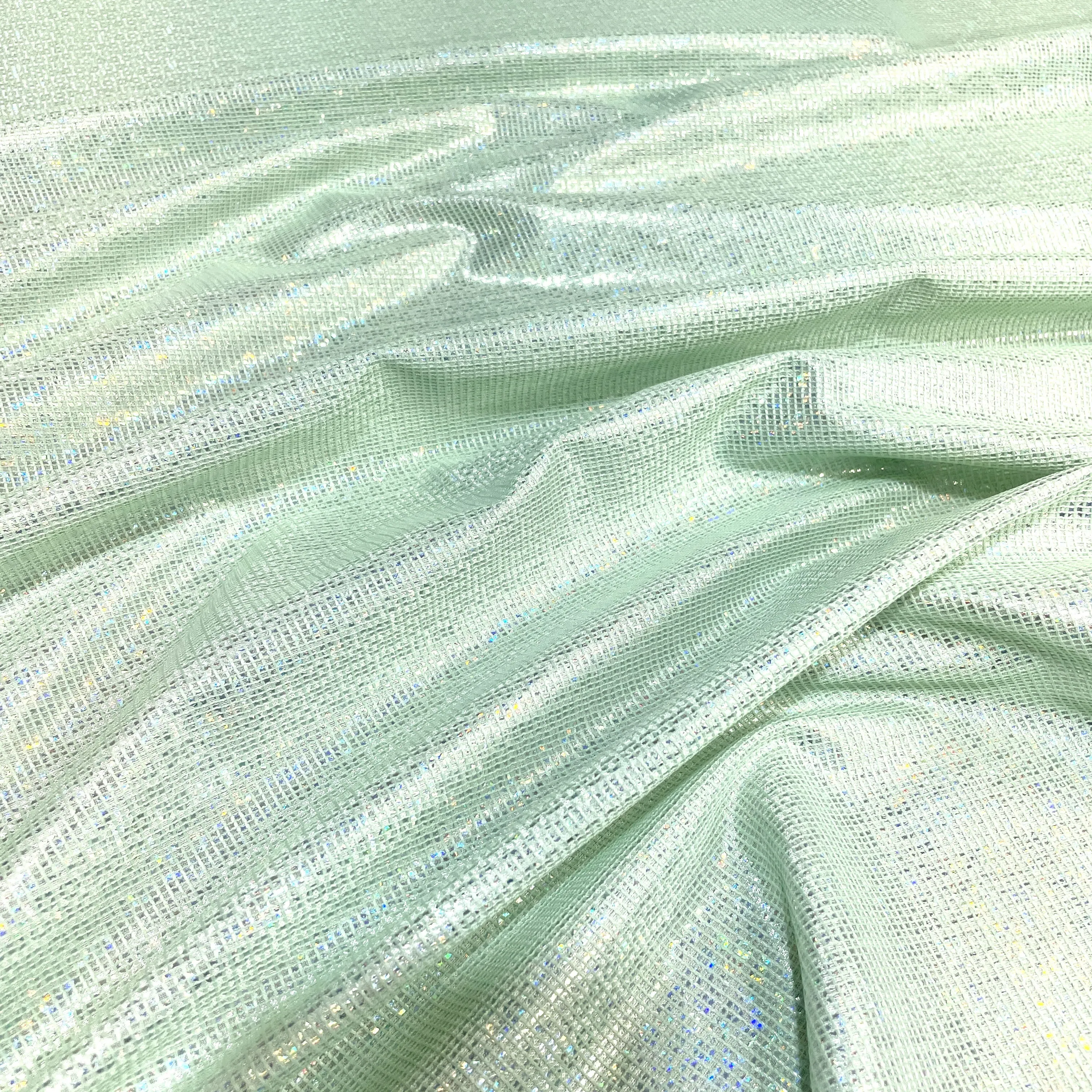 Premium Mint Green Gold Lurex Embossed Satin Fabric