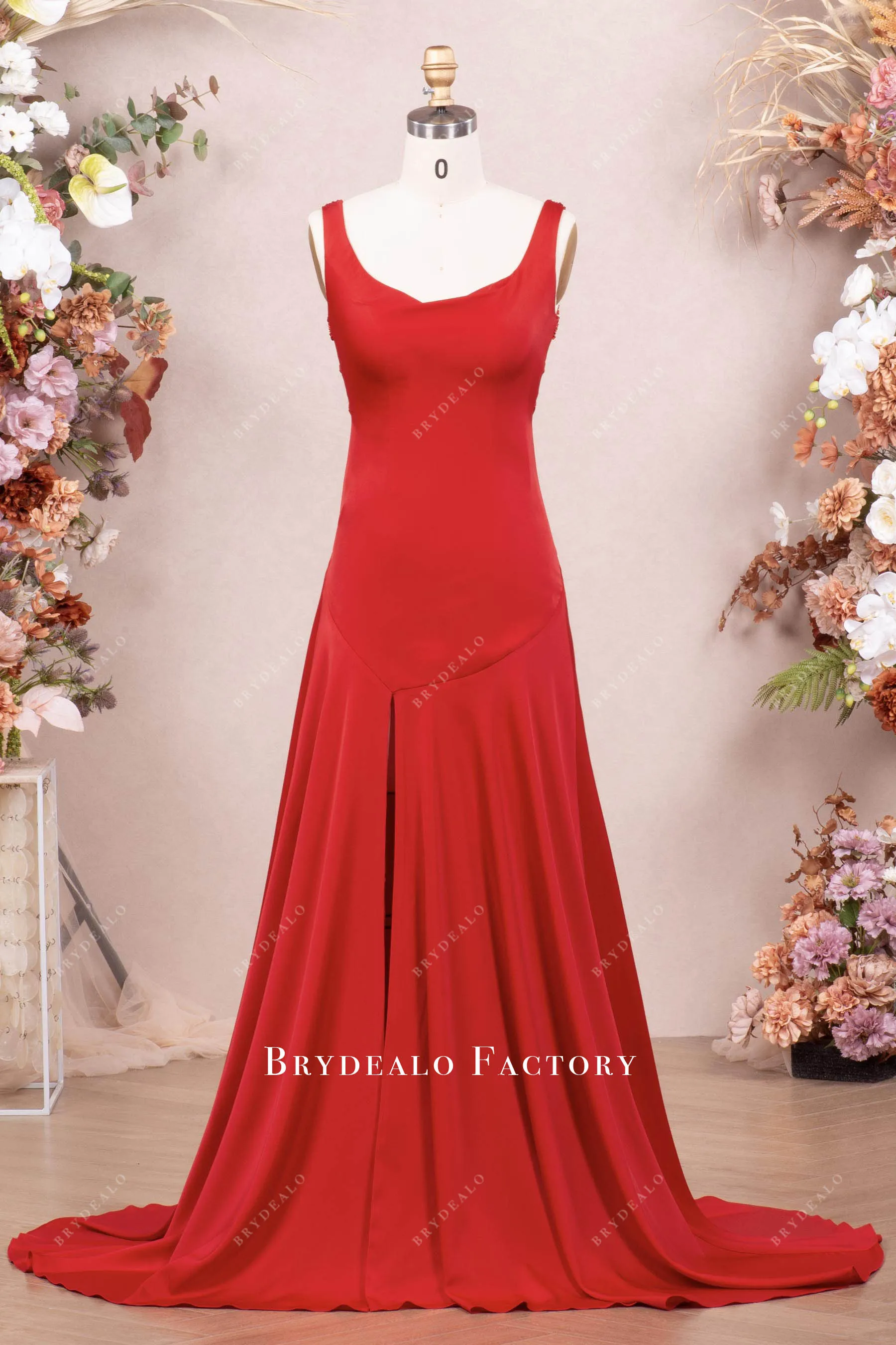 Red Cowl Neck Criss-Cross Back Fit Flare Prom Evening Dress