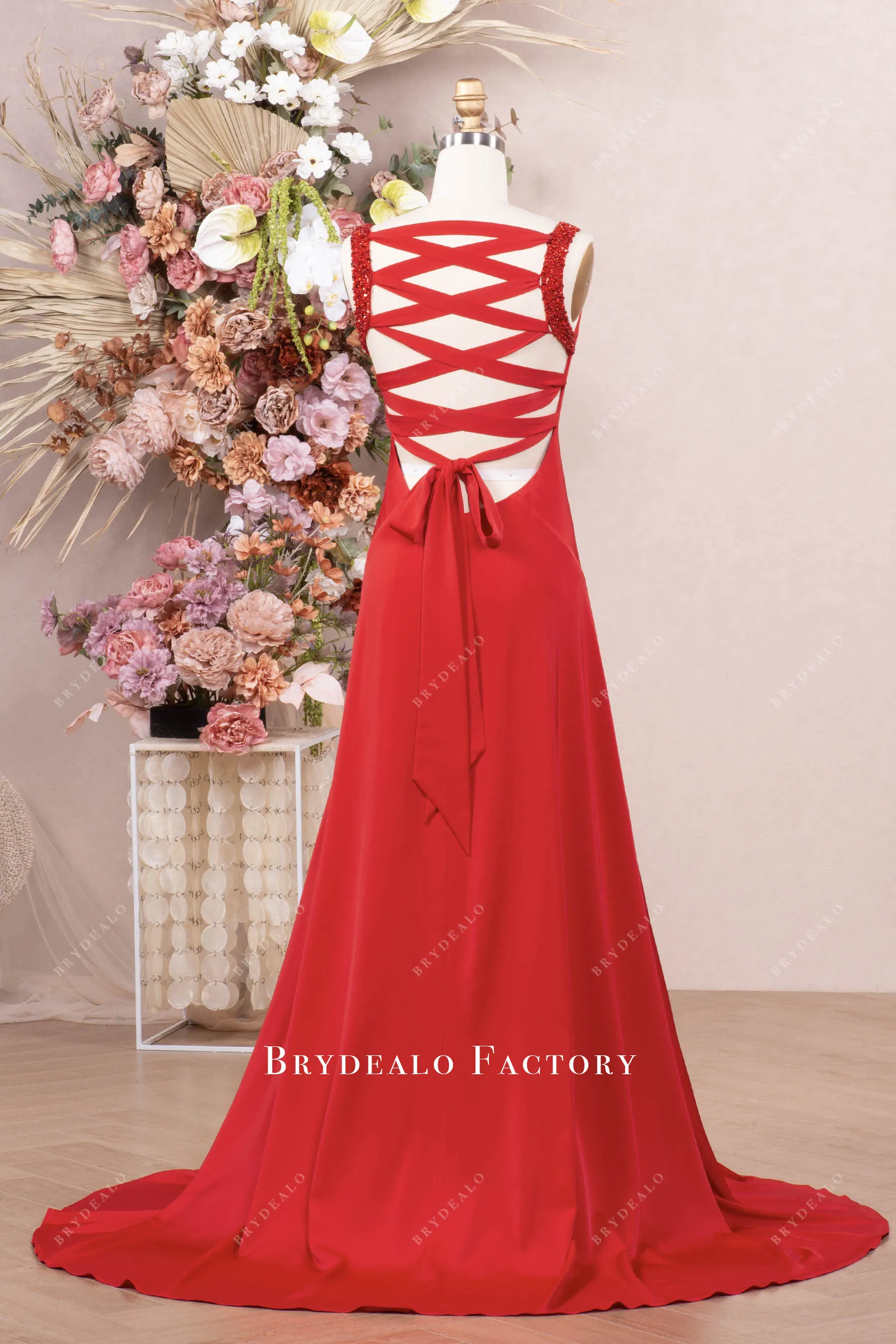 Red Cowl Neck Criss-Cross Back Fit Flare Prom Evening Dress